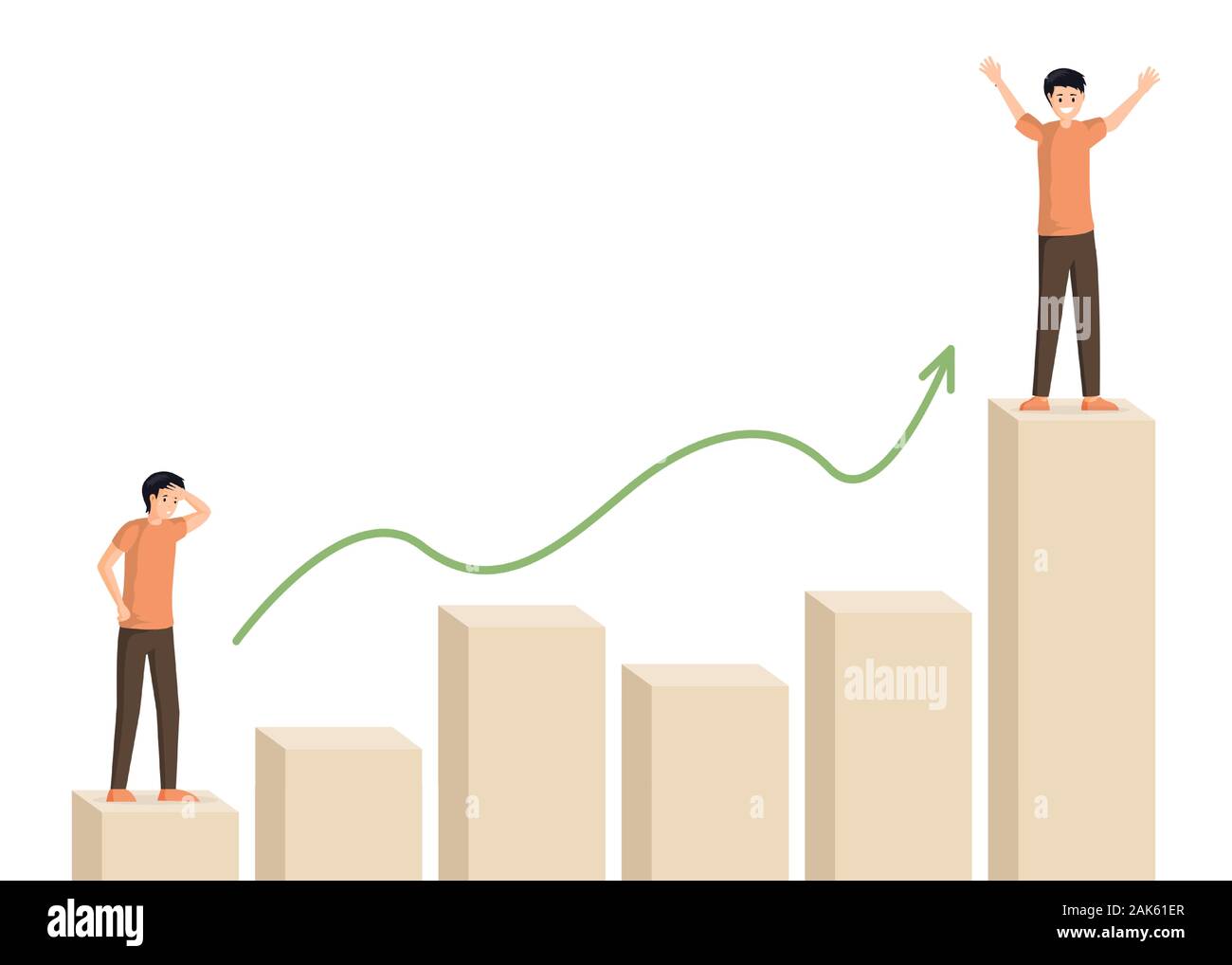Man Klettern bar graph Vektor Illustration. Männliche Figur am Anfang und an der Spitze der Karriereleiter. Unternehmer Motivation, Wachstum, persönliche Verbesserung,, Geschäftsstrategie, Weg zum Erfolg Stock Vektor