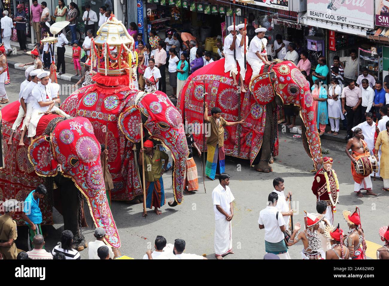 Kandy: Geschmueckte Elefanten auf der Festprozession anlaesslich der Kandy-Esala-Perahera, Sri Lanka | Verwendung weltweit Stockfoto