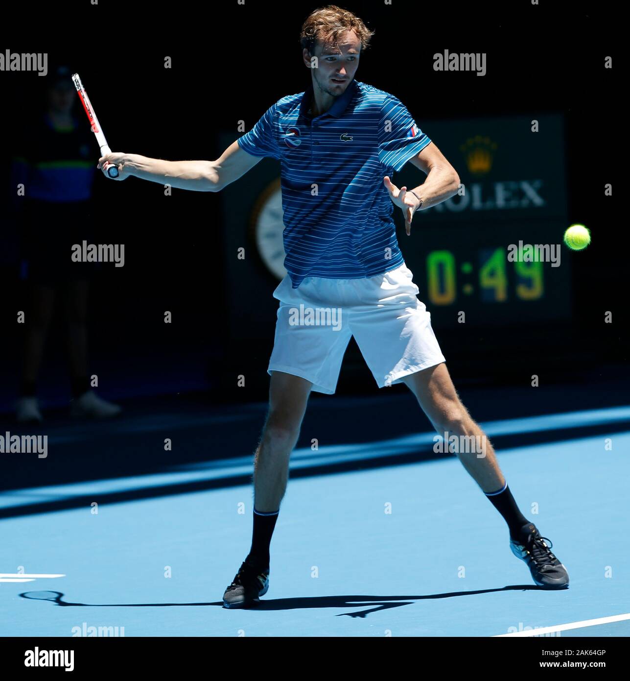 RAC-Arena, Perth, Western Australia. 7 Jan, 2020. ATP-wm Australien, Perth, Tag 5; Russland gegen Norwegen; Daniil Medwedew Russlands spielt eine Vorhand Schuß von der Grundlinie gegen Casper Ruud von Norwegen - Redaktionelle Verwendung Credit: Aktion plus Sport/Alamy leben Nachrichten Stockfoto