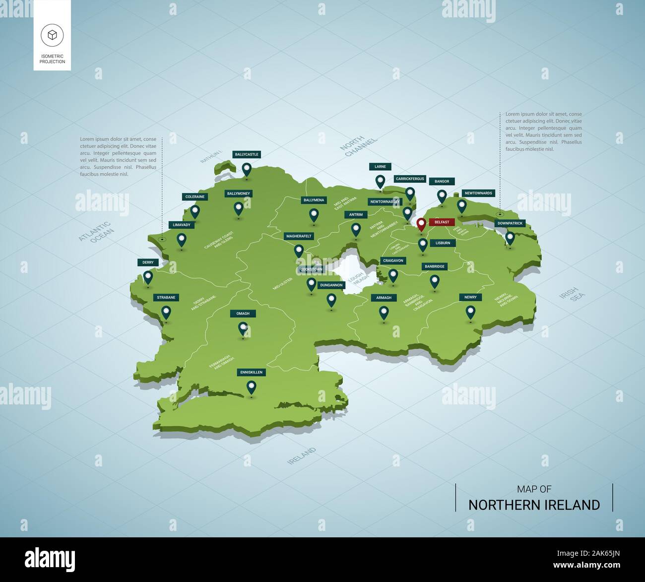 Stilisierte Karte von Nordirland. Isometrische 3D-grüne Karte mit Städten, Ländergrenzen, Hauptstadt Belfast, Regionen. Vector Illustration. Bearbeitbare Layer deutlich Stock Vektor