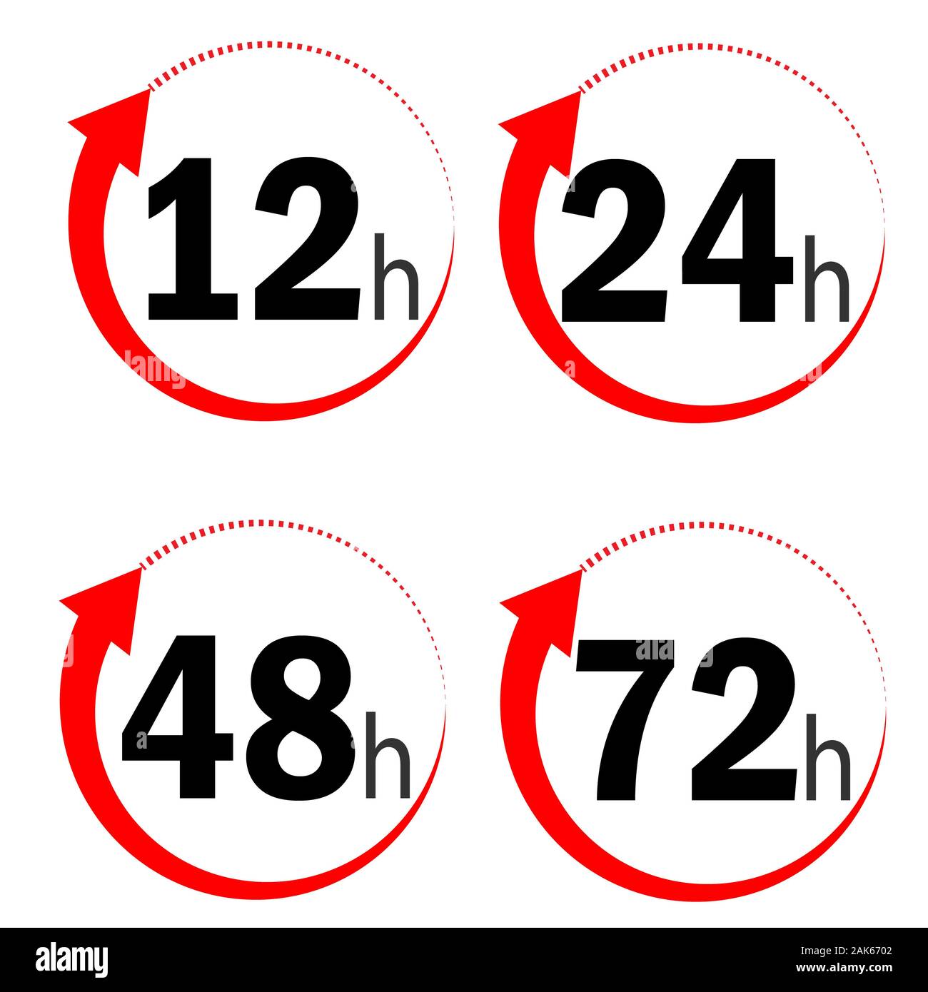 12, 24, 48 und 72 Stunden Uhr Pfeil auf weißem Hintergrund. Flat Style. Lieferservice zeit Symbole für Ihre Web site Design, Logo, App, UI. Arbeiten, Ti Stockfoto