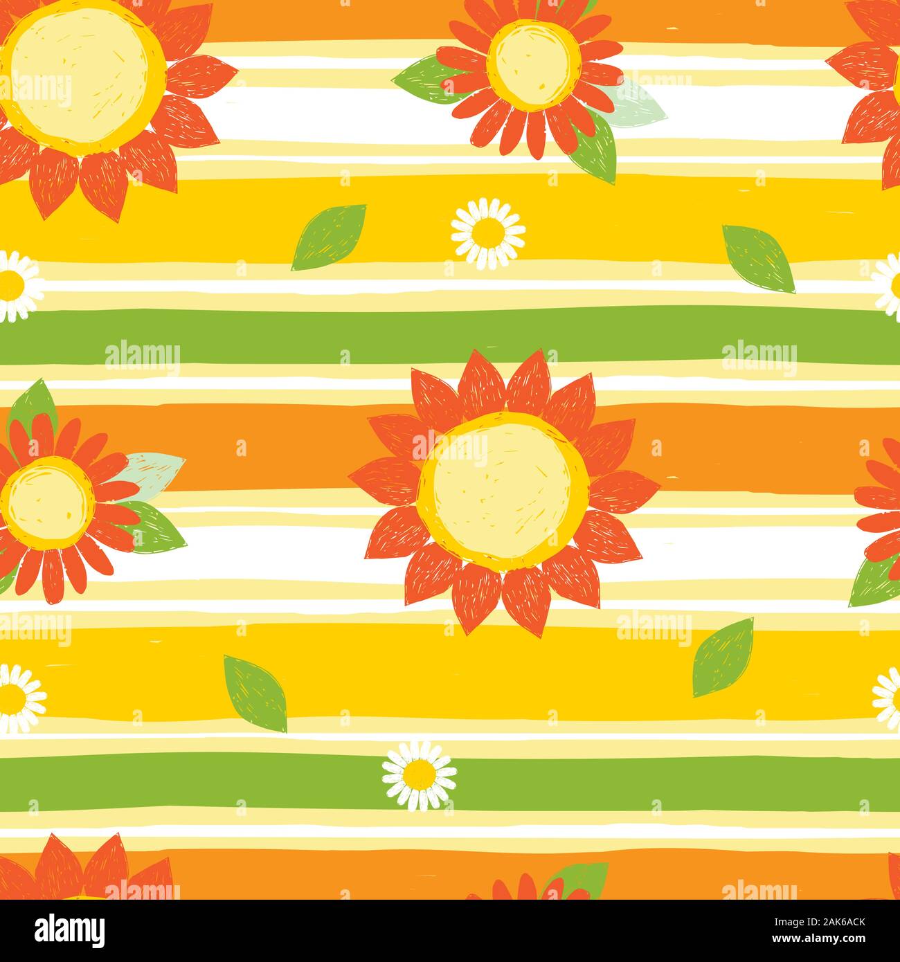 Vektor bunte texturierte Sonnenblumen pen Skizze Rapport mit horizontalen Streifen. Geeignet für textile, Geschenkpapier und Tapeten. Stock Vektor