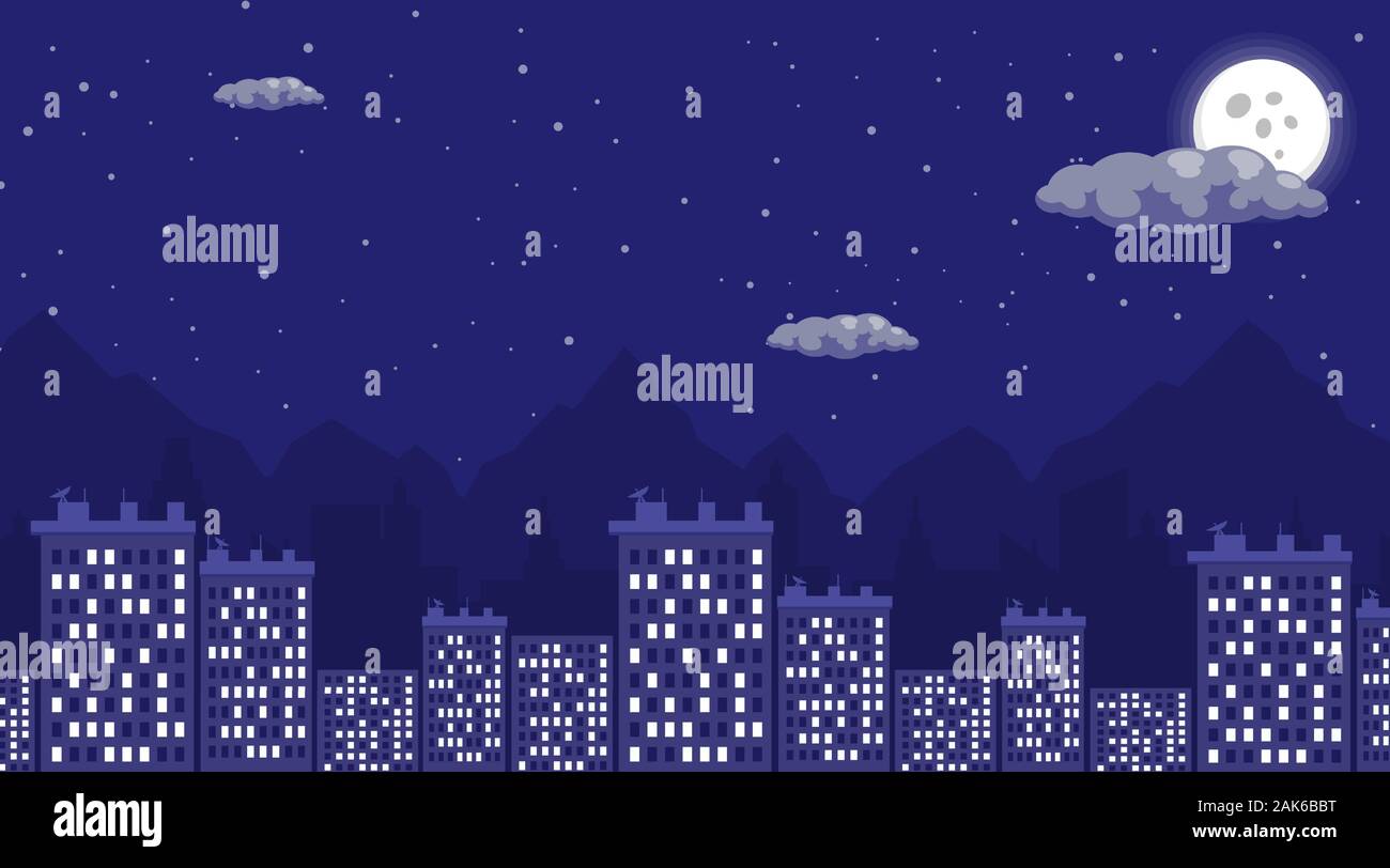 Nacht Stadtblick flachbild Vector Illustration. Schlafen in der Nacht, Stadtbild mit vollen Mond und Sternenhimmel. Wohn - Schlafzimmer, Gebäude, Cartoon megapolis Häuser Architektur Stock Vektor