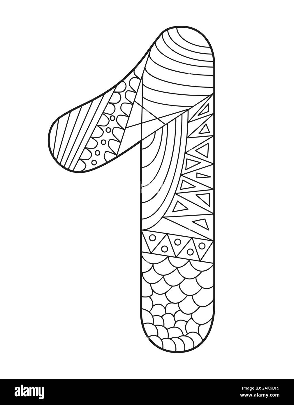 Schwarze und weiße Vector Illustration für die Färbung. Nummer eins in Zentangle Stil. Leere lineare Kontur auf weißem Hintergrund. Stock Vektor