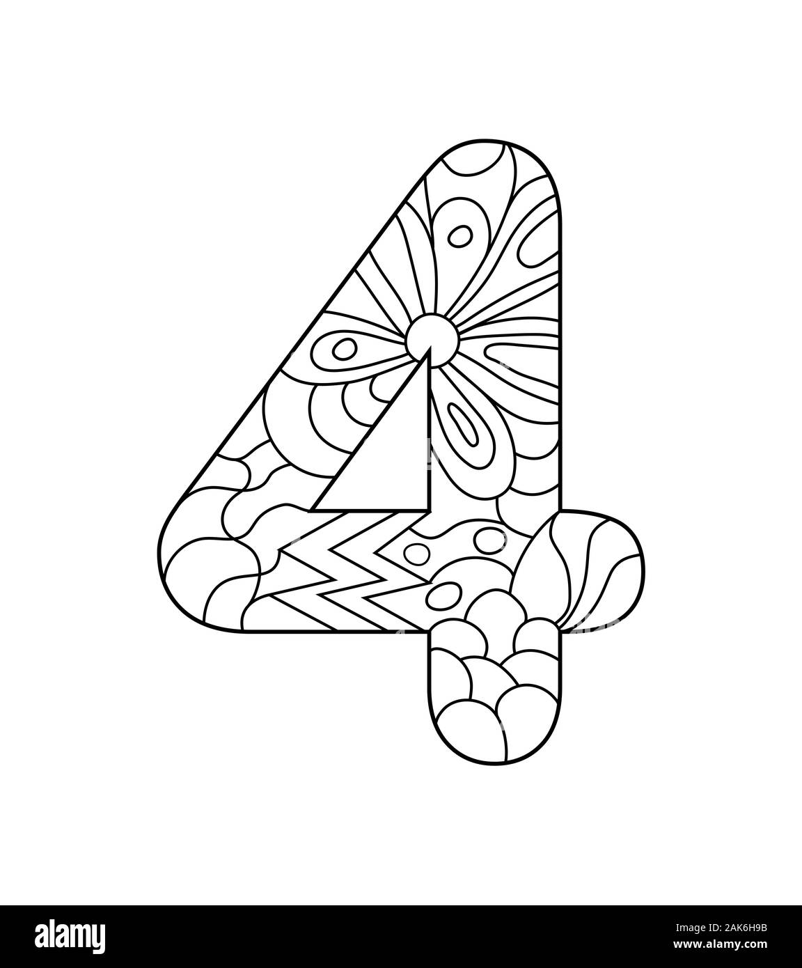 Schwarze und weiße Vector Illustration für die Färbung. Nummer vier in der zentangle Stil. Leere lineare Kontur auf weißem Hintergrund. Stock Vektor