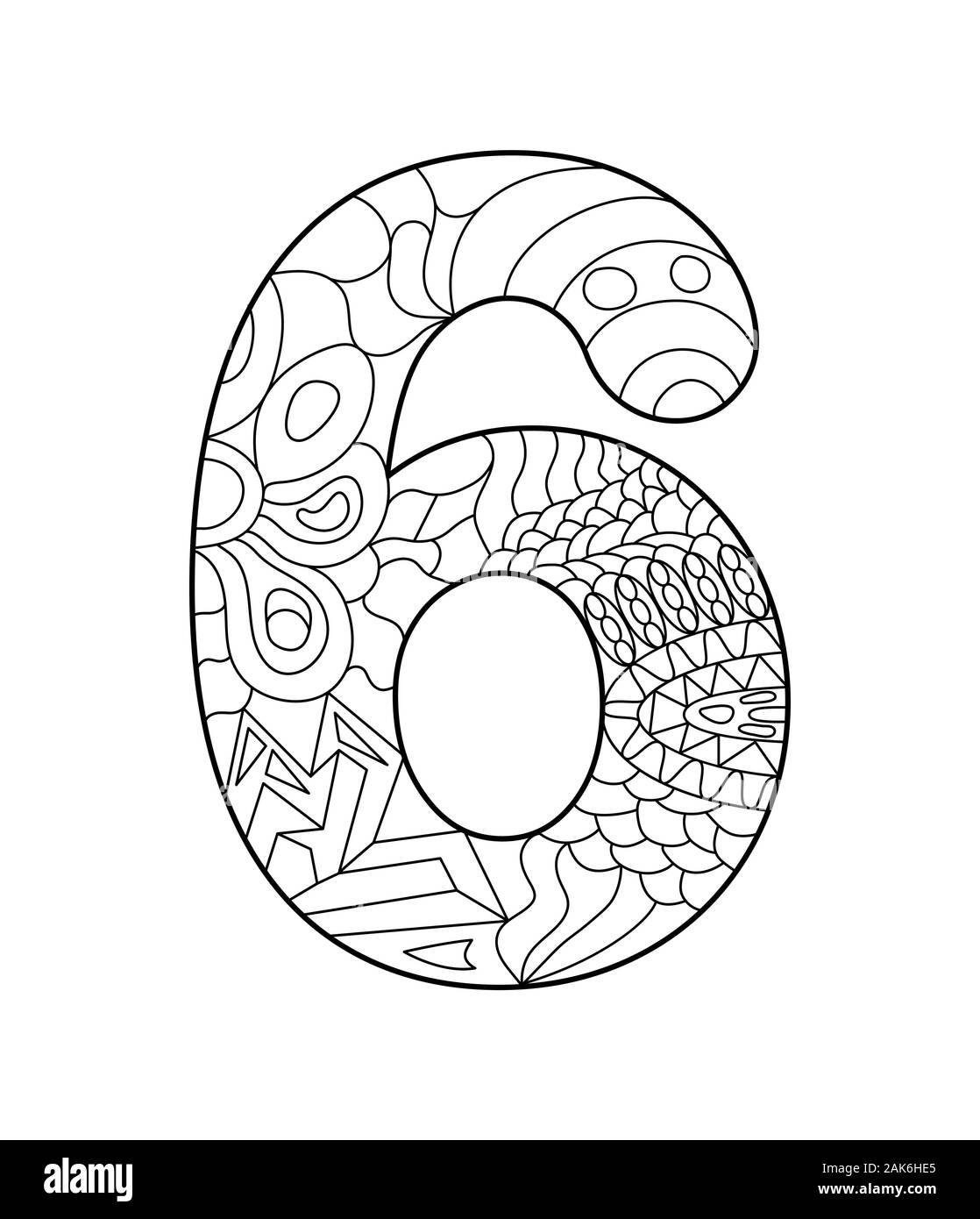 Schwarze und weiße Vector Illustration für die Färbung. Nummer sechs im zentangle Stil. Leere lineare Kontur auf weißem Hintergrund. Stock Vektor