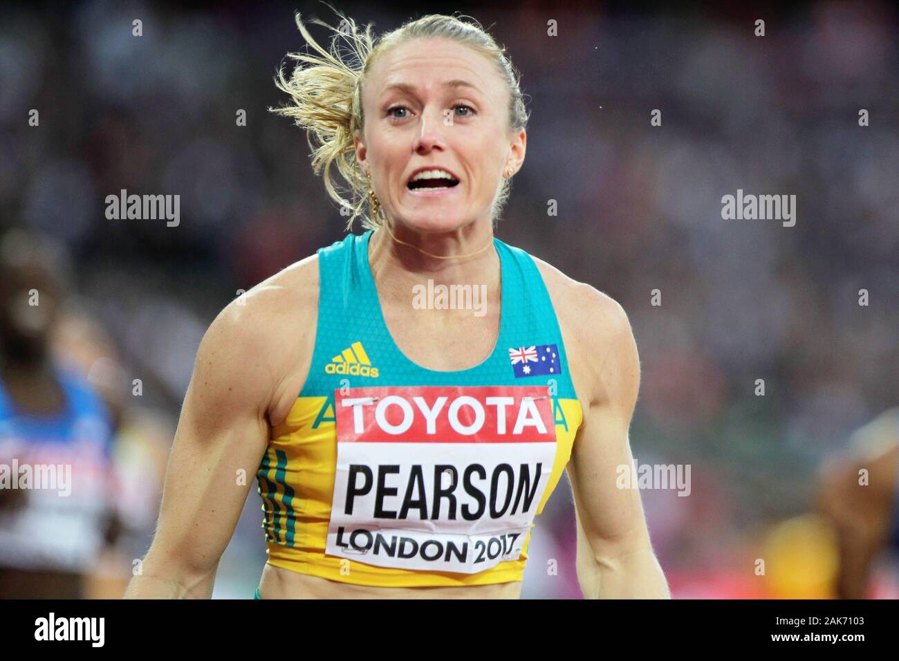 Sally Pearson (Allemagne) während der 100 m Hürden Frauen Finale der IAAF Leichtathletik WM am 6. August im Olympischen Stadion in London, Großbritannien 201st Foto Laurent Lairys/DPPI Stockfoto