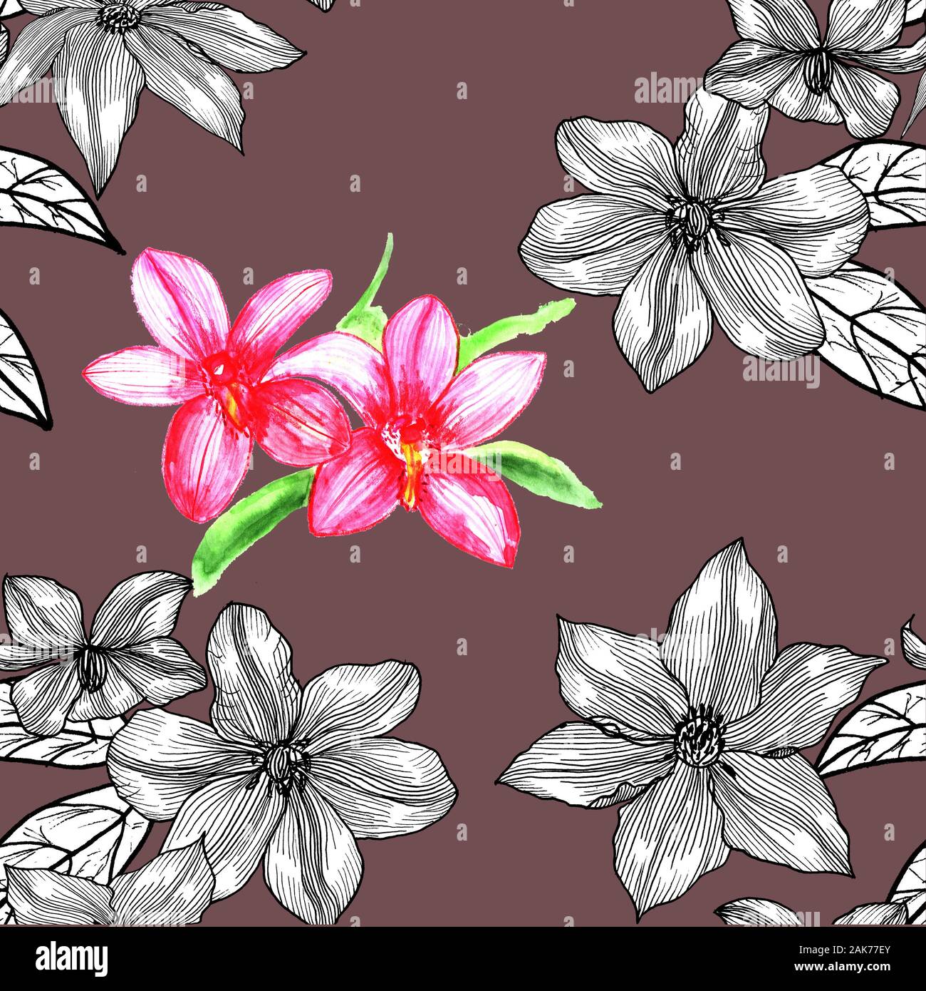Nahtlose Muster mit Clematis. Hand gezeichnet. Grafik. Stockfoto