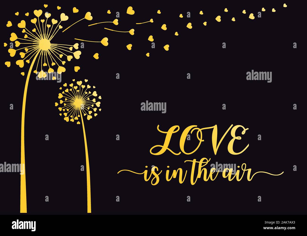 Gold Löwenzahn Blume mit fliegenden Herzen, Vector Illustration für Valentinstag, hochzeit einladung Karte Stock Vektor