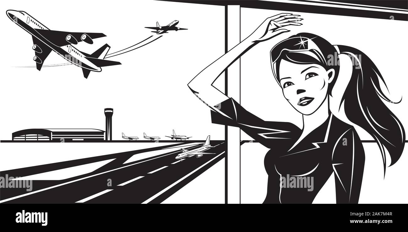 Mädchen winkt ein Flugzeug vom Flughafen - Vector Illustration Stock Vektor