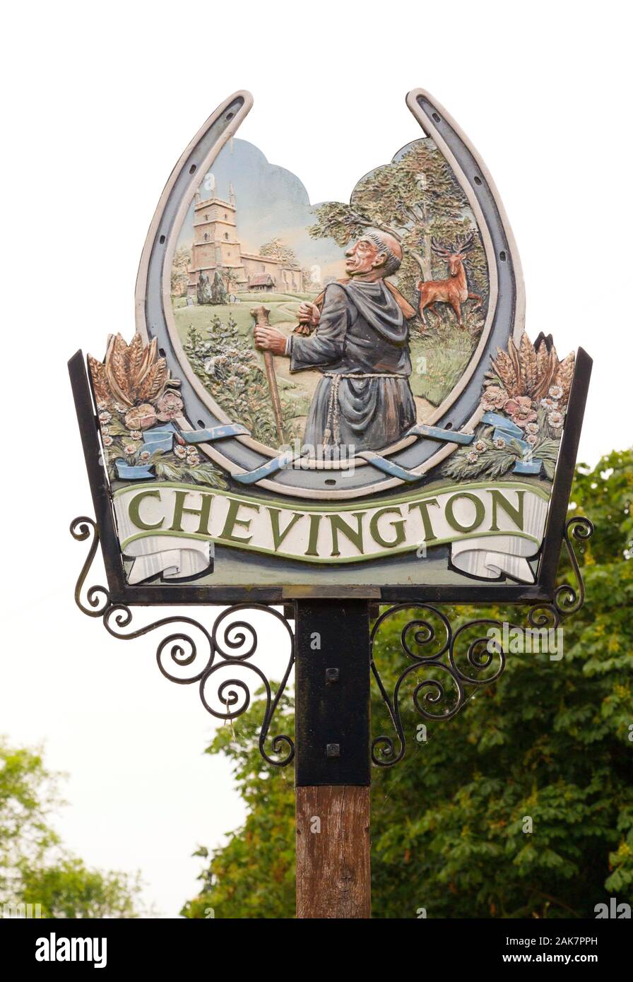 Chevington Village Schild, Suffolk, Großbritannien Stockfoto