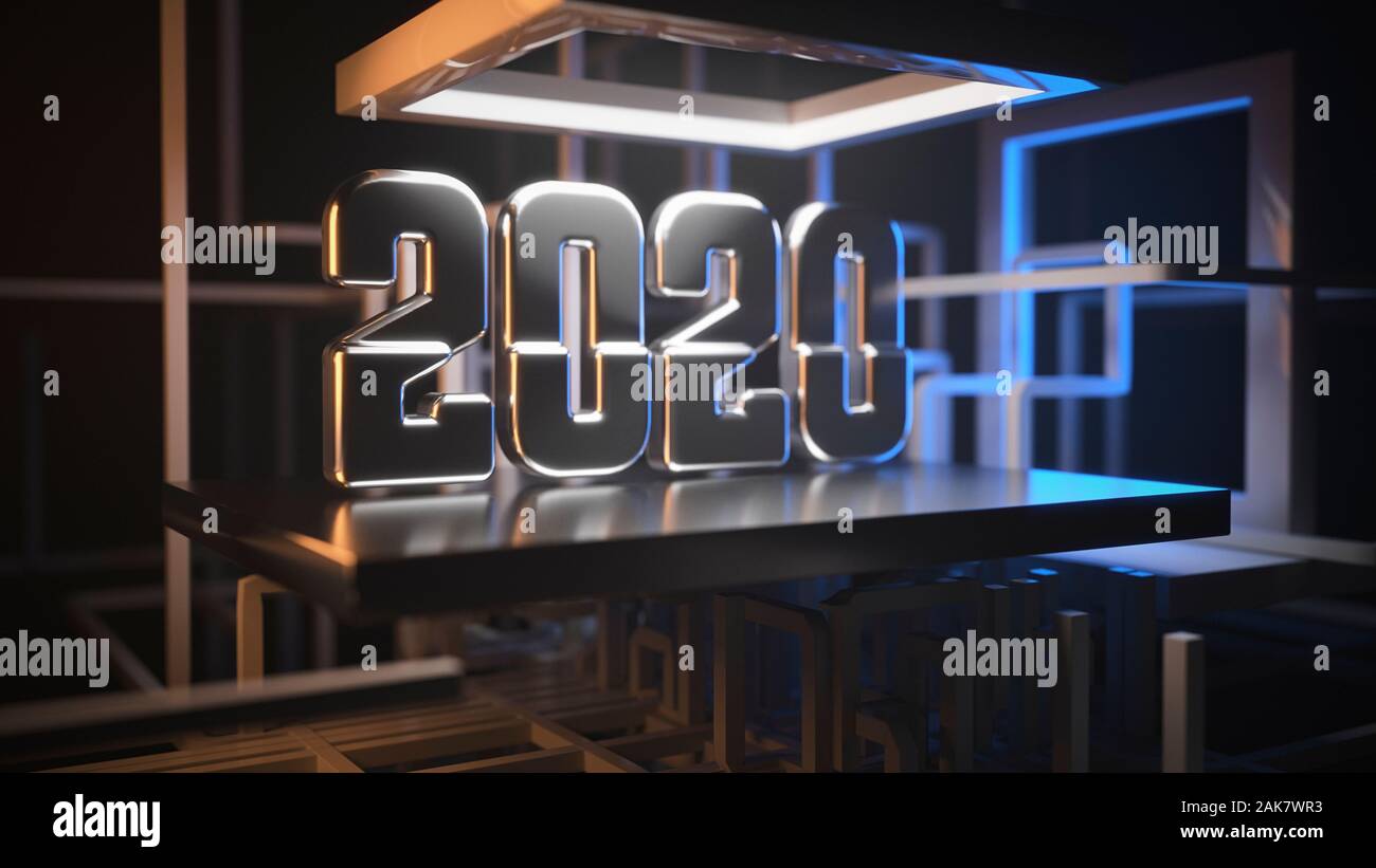 2020 Neue Jahr text Design von Stahl und umgeben Rohrnetz auf futuristische High-Tech-sonstruction Website grafik hintergrund Kommunikation Struktur Stockfoto