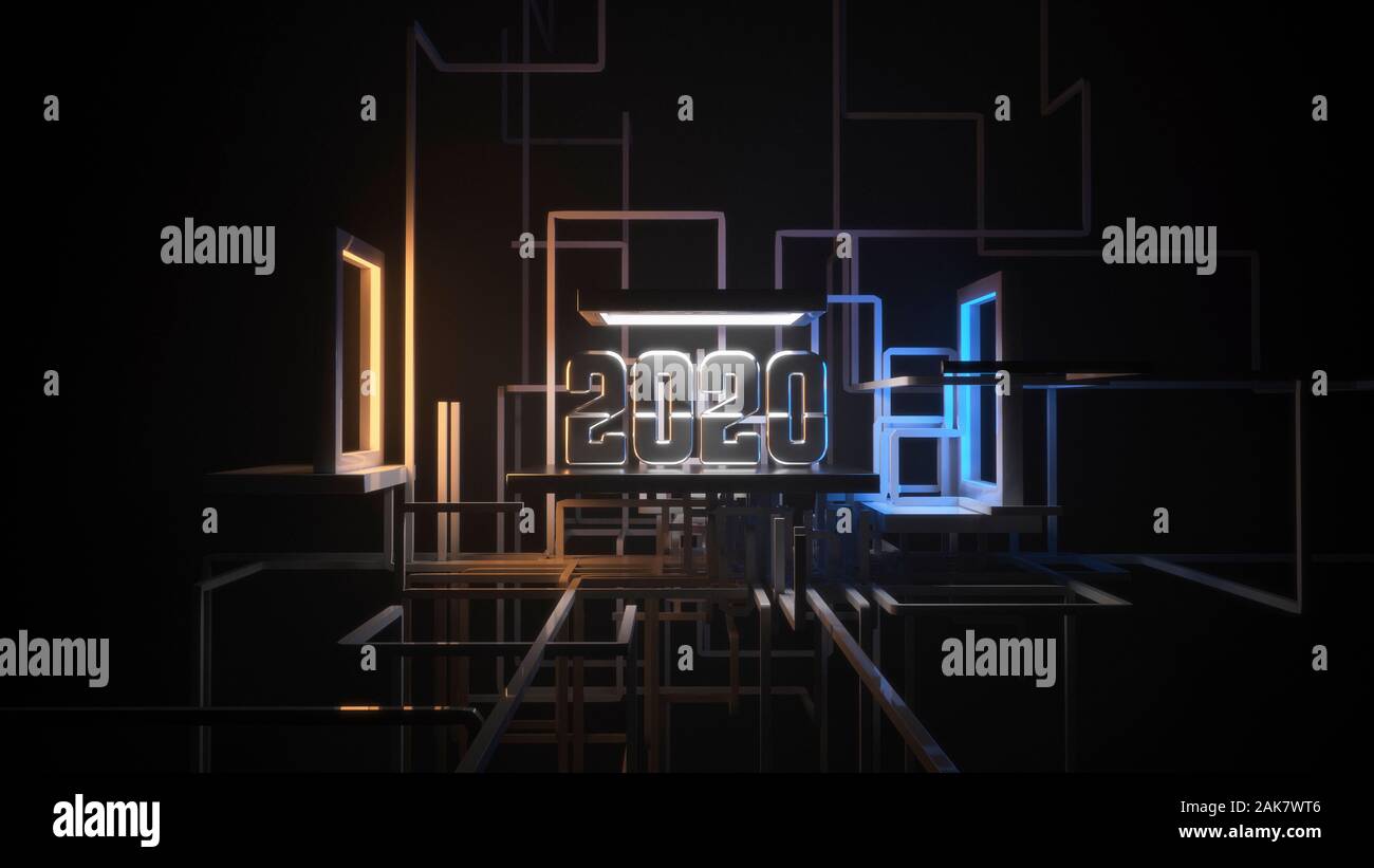 2020 Neue Jahr text Design von Stahl und umgeben Rohrnetz auf futuristische High-Tech-sonstruction Website grafik hintergrund Kommunikation Struktur Stockfoto