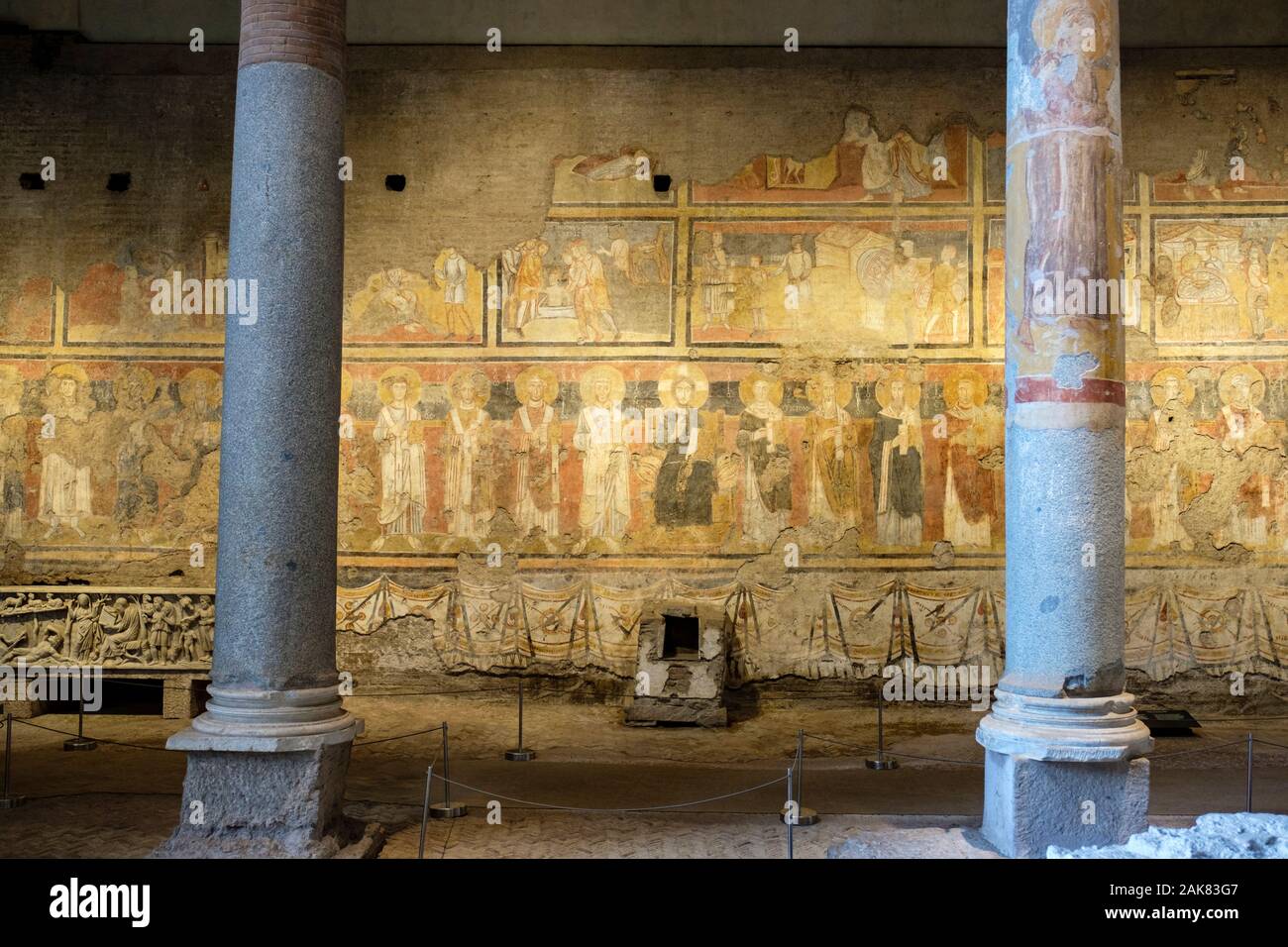 Römische Fresken, römische Malerei in Santa Maria Antiqua, Alte Kirche der Heiligen Maria, Wandfresken, Palatin, Forum Romanum, Rom, Italien Stockfoto