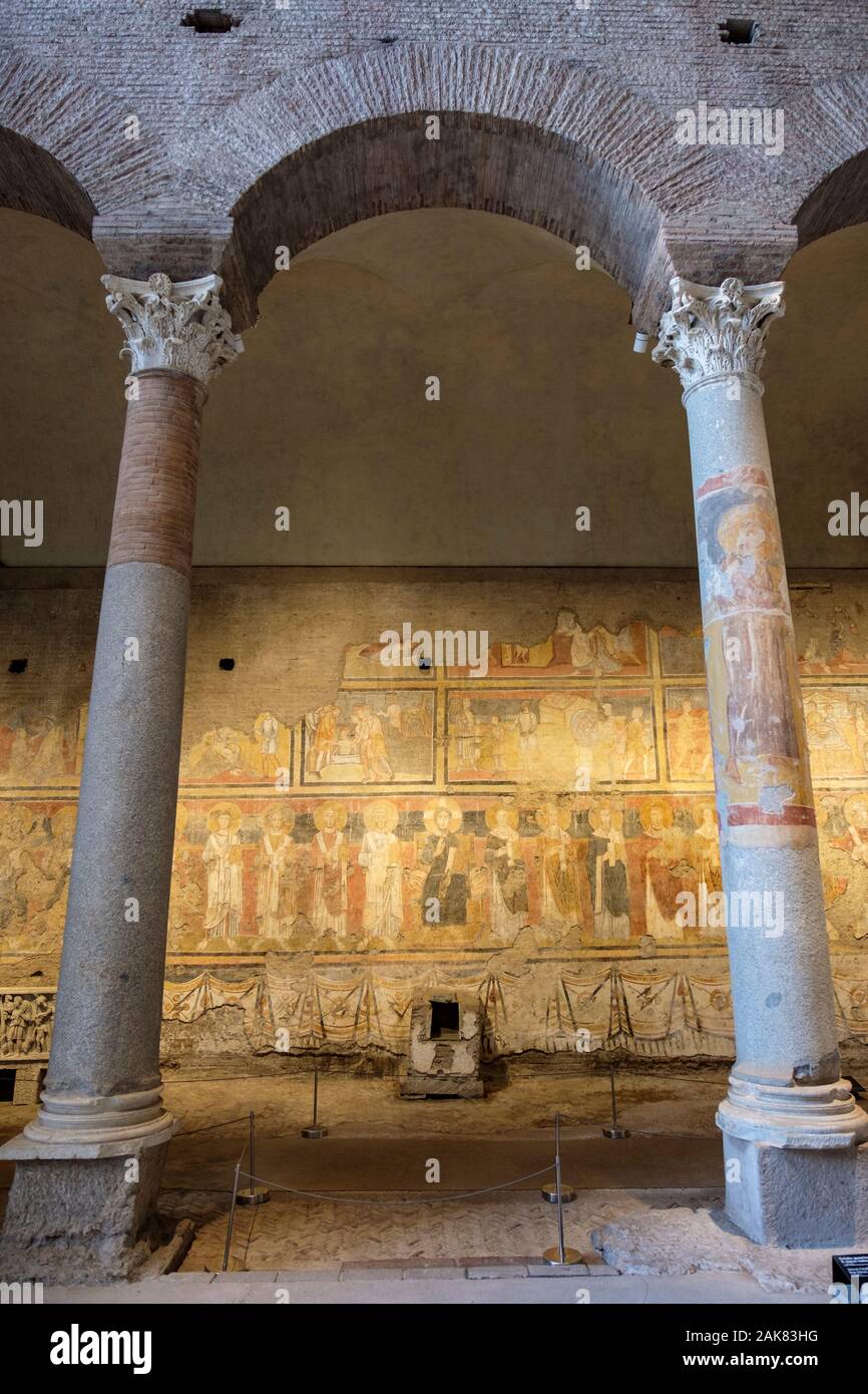 Römische Fresken, Santa Maria Antiqua, Alte Kirche der Heiligen Maria, Wandmalfresken, Palatin, Forum Romanum, Rom, Italien Stockfoto