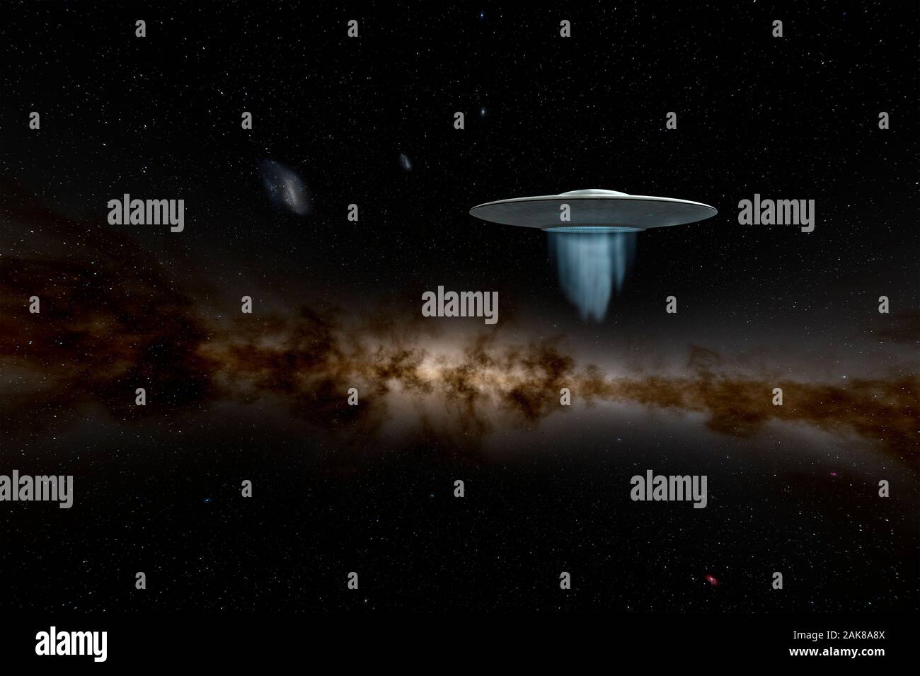 UFO Alien fliegende Untertasse im Weltraum mit Stars und einen Nebel. Stockfoto