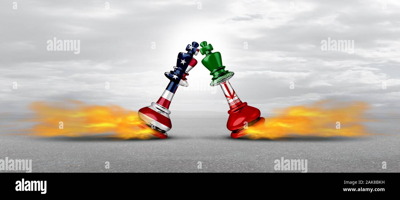 Iran der amerikanischen Konkurrenz und iranischen Krieg Krise als US-militärischen Spannungen Konflikt oder Vereinigten Staaten des Nahen und Mittleren Ostens unmittelbar drohenden Gefahr Konzept. Stockfoto