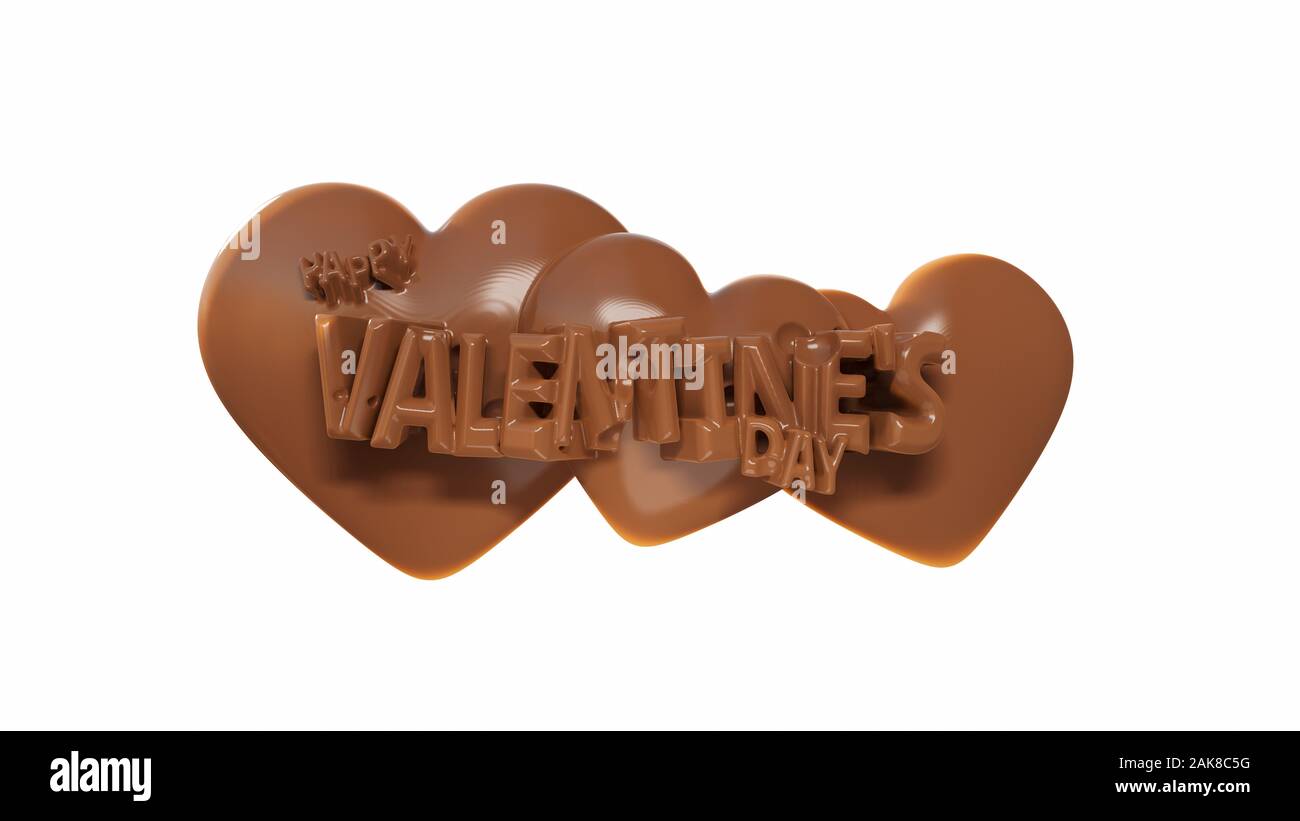 Happy Valentine's Day Schriftzug mit drei Herzen hinter der Süße Schokolade. 3d-Abbildung auf weißen isoliert. Stockfoto