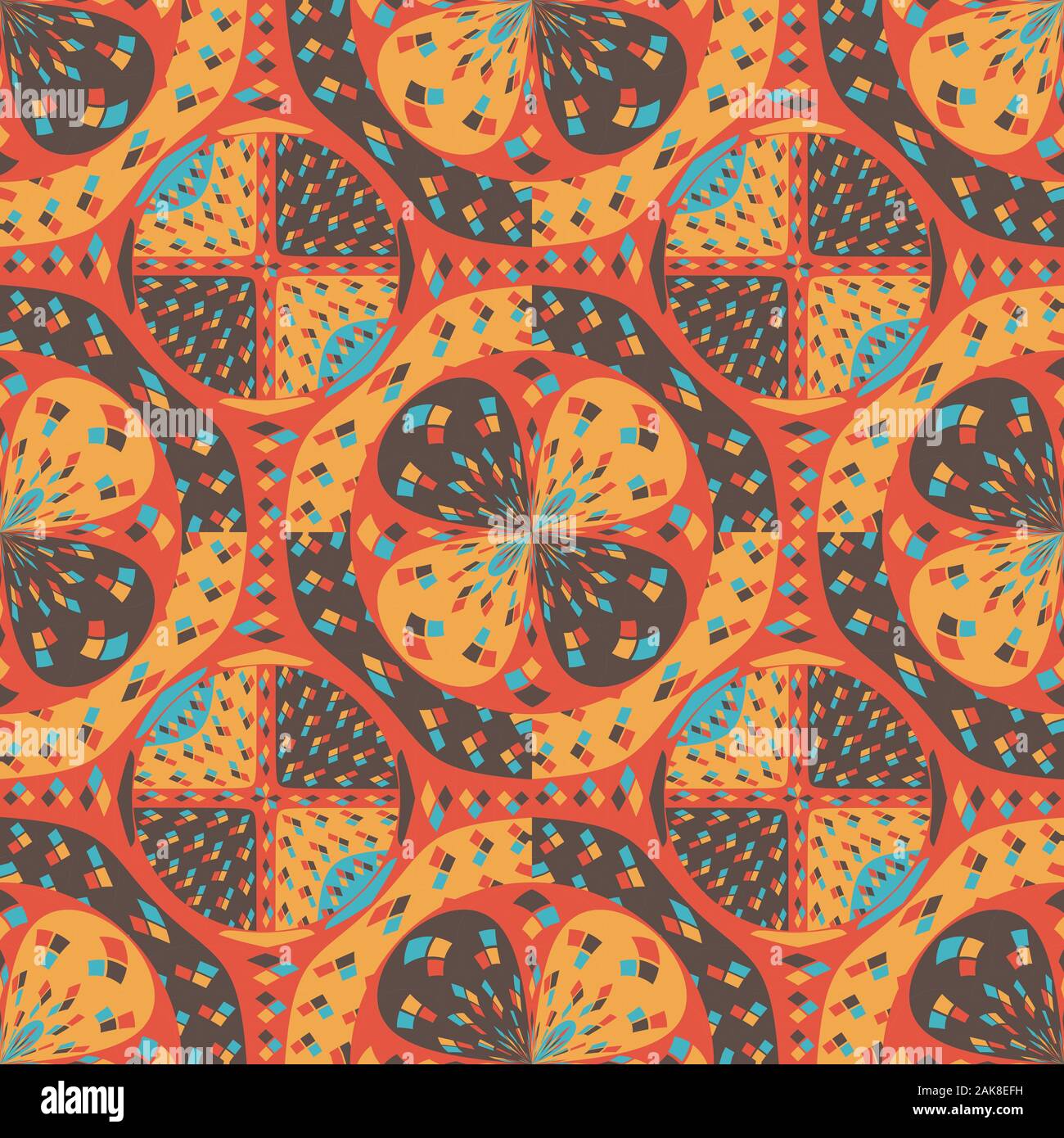 Gesättigte Tapisserie - wie algorithmischer Pattern meist in Orange- und Gelbtönen. Geometrische digitaler Kunst. Stockfoto