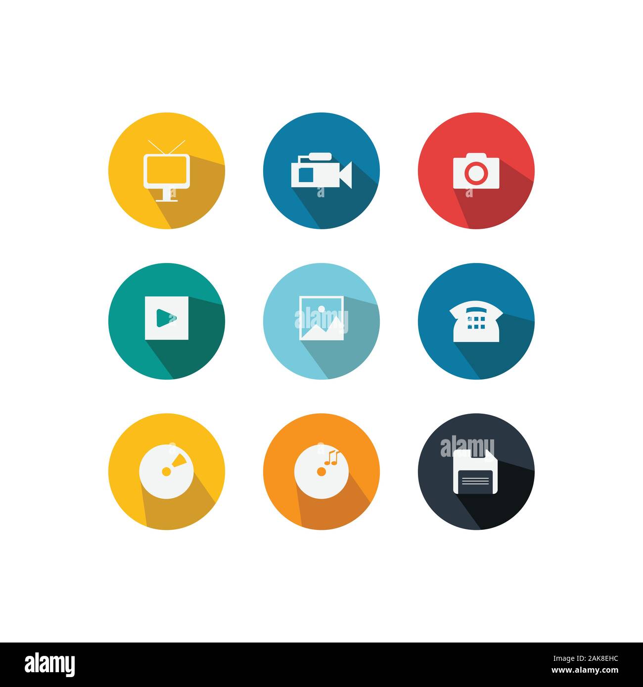 Satz von verschiedenen Symbol Vektor im Kreis Form Hintergrund mit langen Schatten Design Stock Vektor