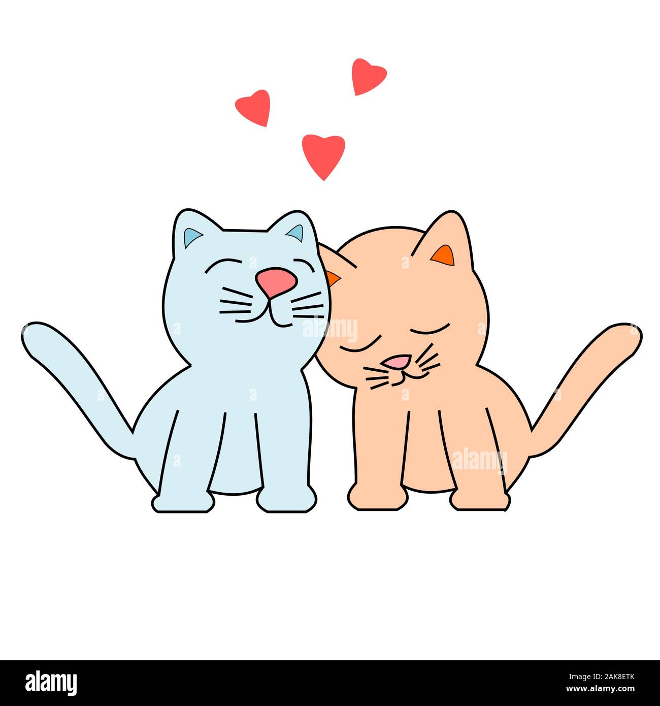 Blue Cat und orange Cat schließen ihre Gesichter zusammen mit Liebe, zwei Katzen und rotes Herz auf weißem Hintergrund, niedliche Haustier Cartoon für Valentines Tag Stock Vektor