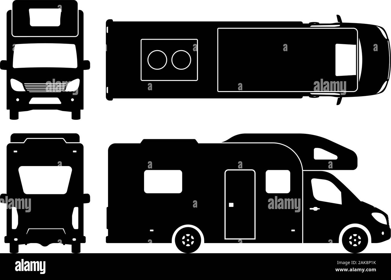 Recreational vehicle Silhouette auf weißem Hintergrund. Wohnmobil Symbole Ansicht von der Seite, vorne, hinten, oben Stock Vektor