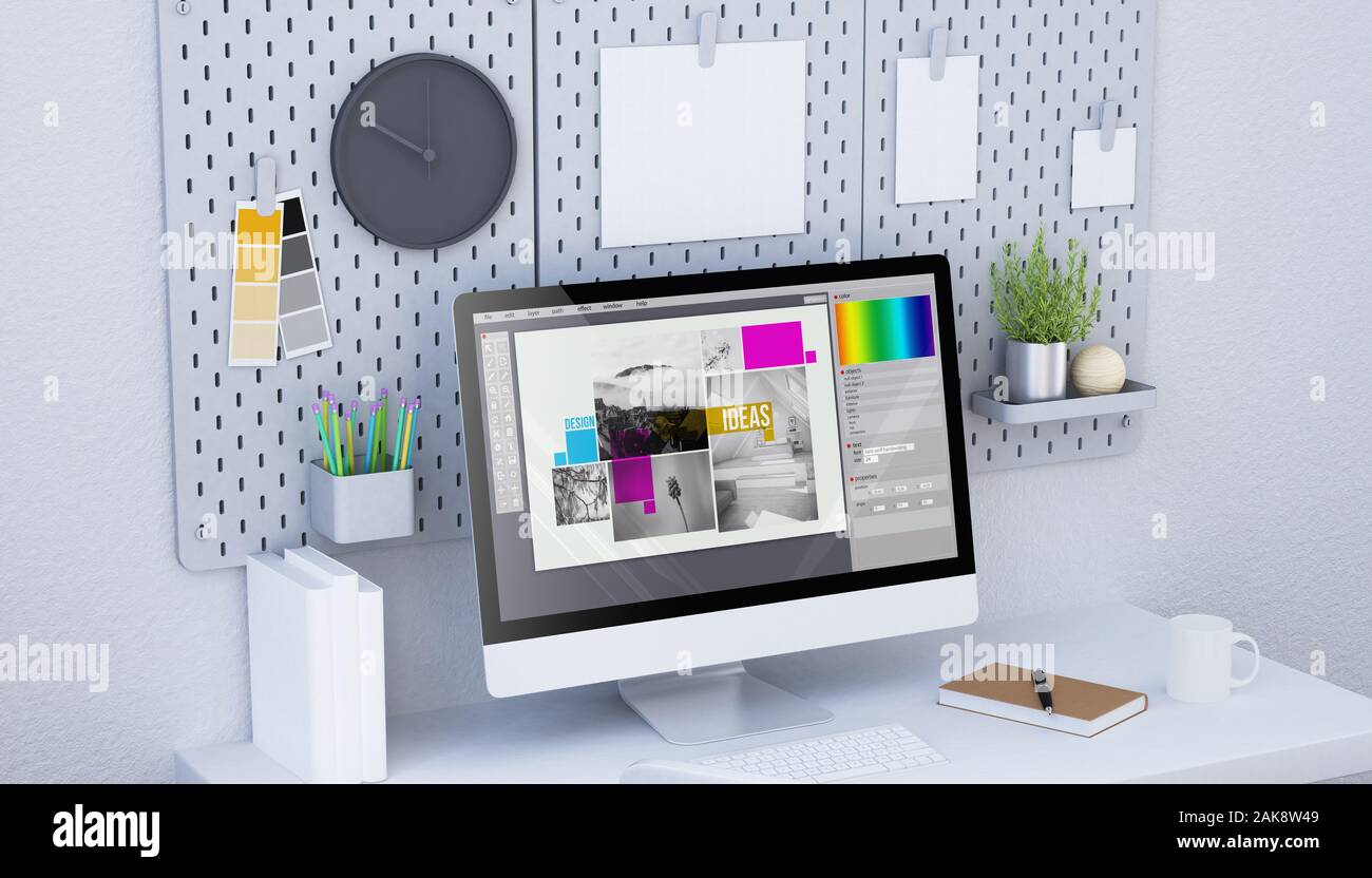 Grafik Design Studio mit Computer eine andere Papiere hängen auf stecktafel Mock up Stockfoto