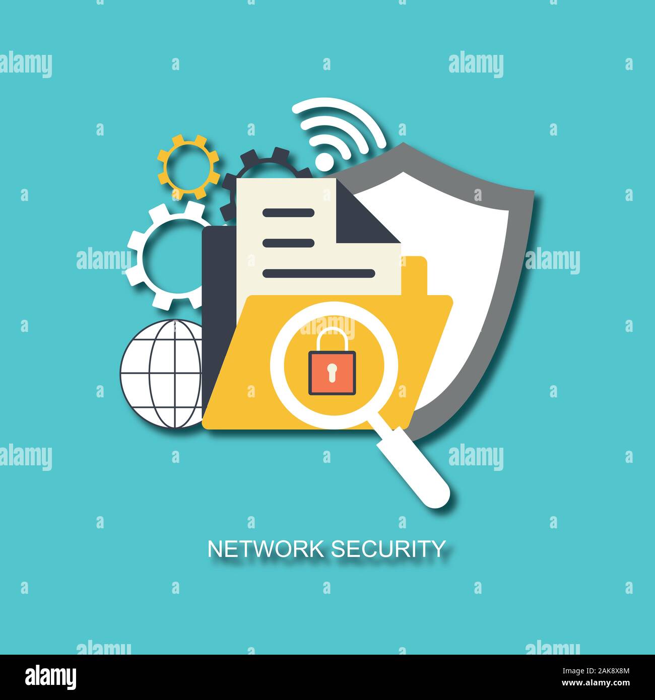 Vektoren Netzwerksicherheit Landing Page. Datenschutz Banner mit flachen Menschen Zeichen und digitale Daten Sichere Website Vorlage Stockfoto