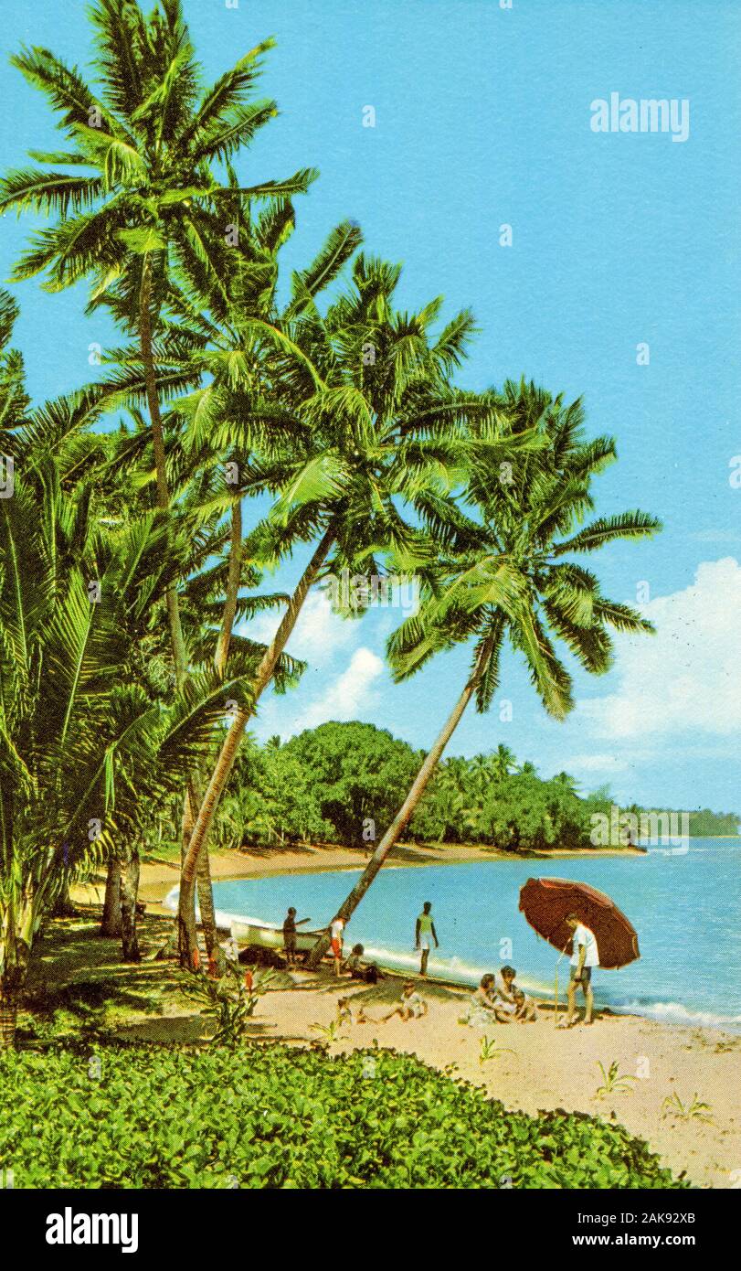 Eine historische Postkarte aus den 1950er-60er Jahren von Korolevu Beach Fidschi, die ursprünglich von Sir Charles Stinson fotografiert und von Stinsons Ltd verkauft wurde Stockfoto