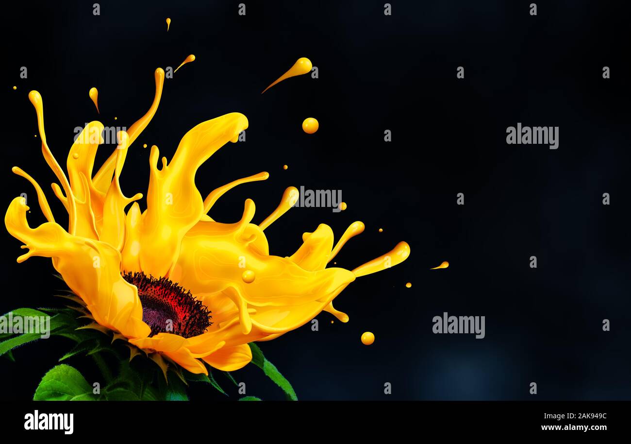 Sonnenblume schmelzen flüssig Farbe spritzen mit kopieren. Stockfoto