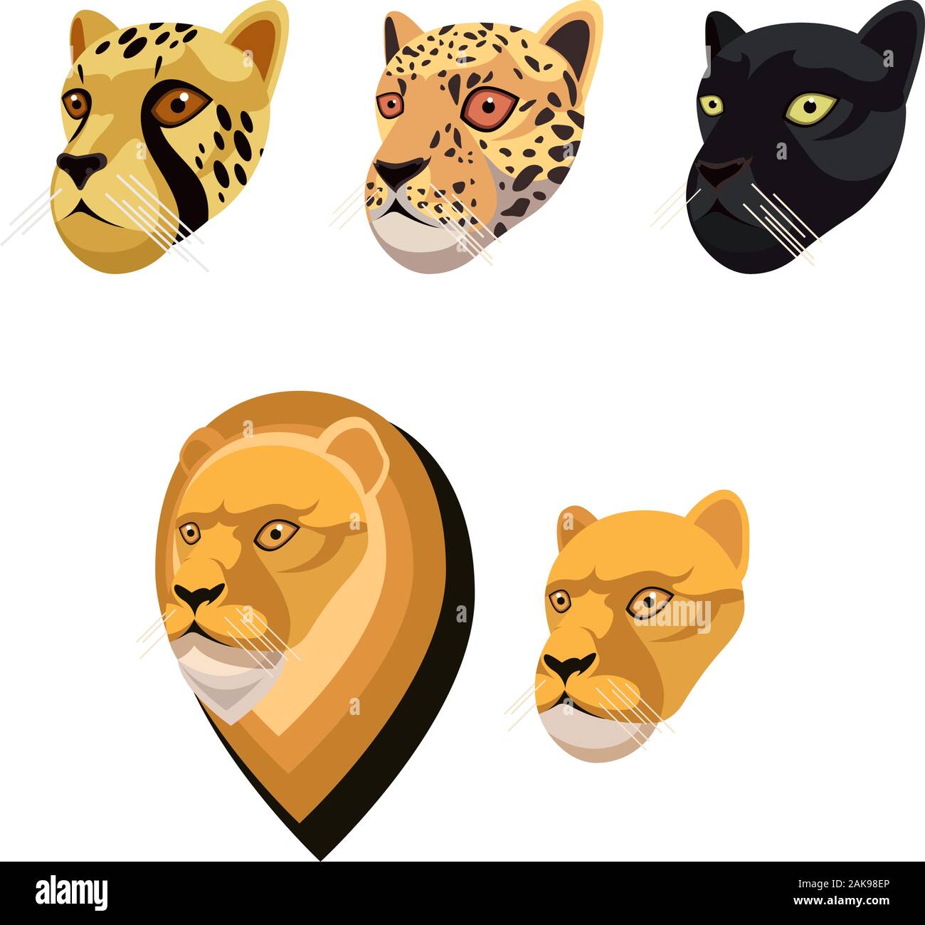 Afrikanische Katze portrait in einzigartig einfachen Cartoon Stil. Leiter der Gepard, Leopard oder Jaguar, Black Panther, Löwe, Löwin. Isolierte Symbol coll Stock Vektor