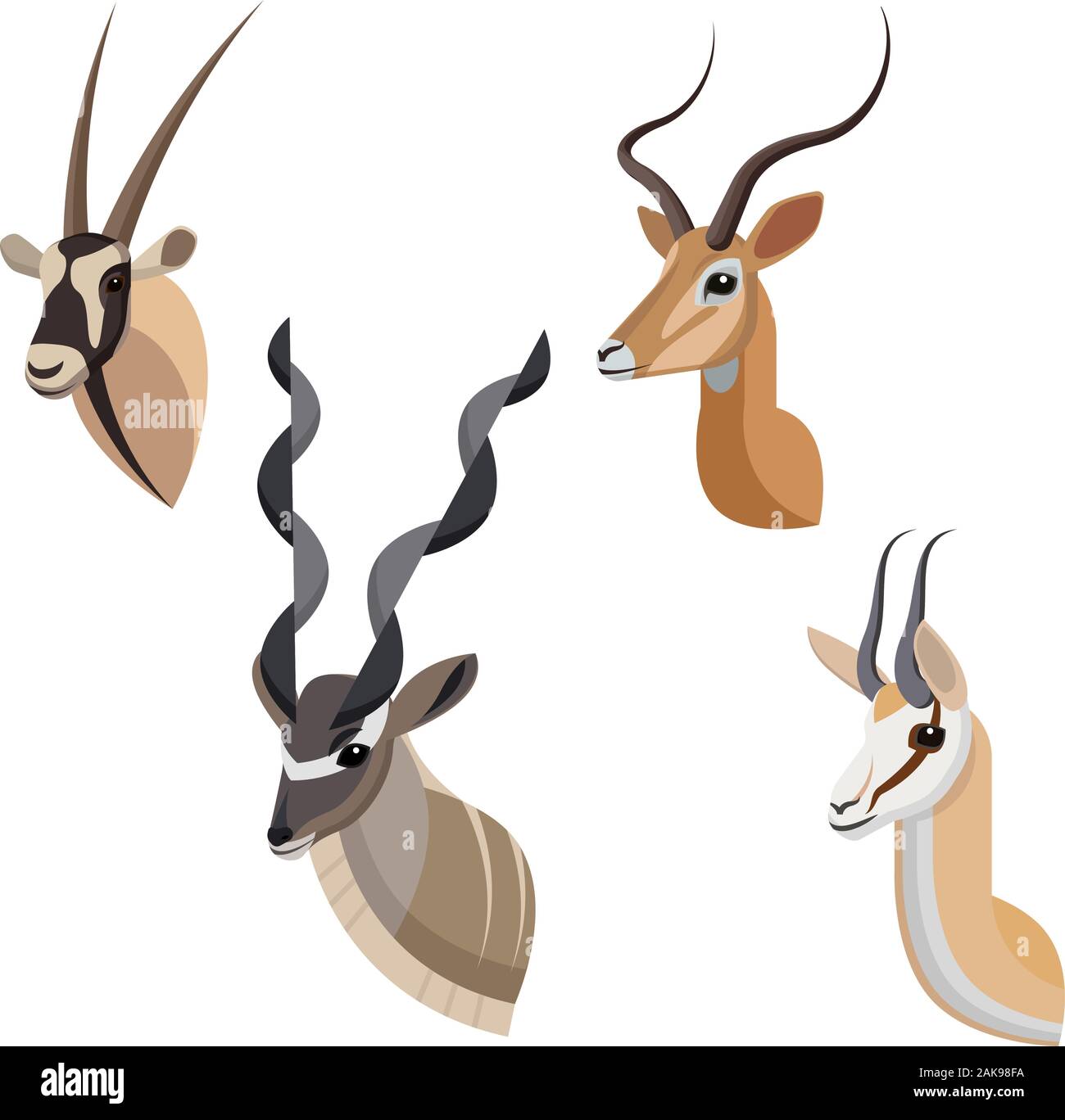 Afrikanische Antilope oder gazelle Portrait in einzigartig einfachen Cartoon Stil. Staats Oryx, Kudus, Impalas und Springböcke. Künstlerische isoliert Stock Vektor
