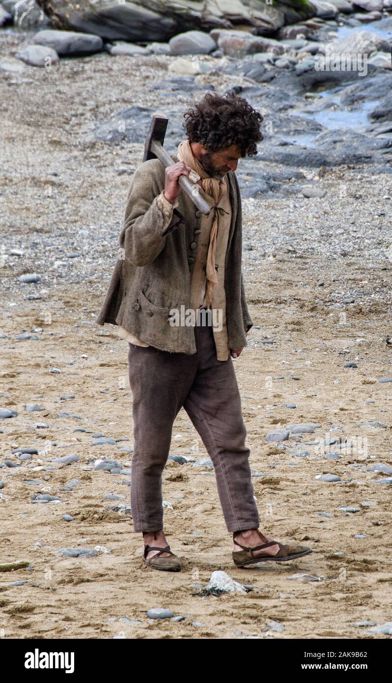 Die BBC Serie Poldark, starring Adrian Turner, in Cornwall, Großbritannien gefilmt ein öffentlicher Strand, Drehort für Poldark Cornwall Stockfoto