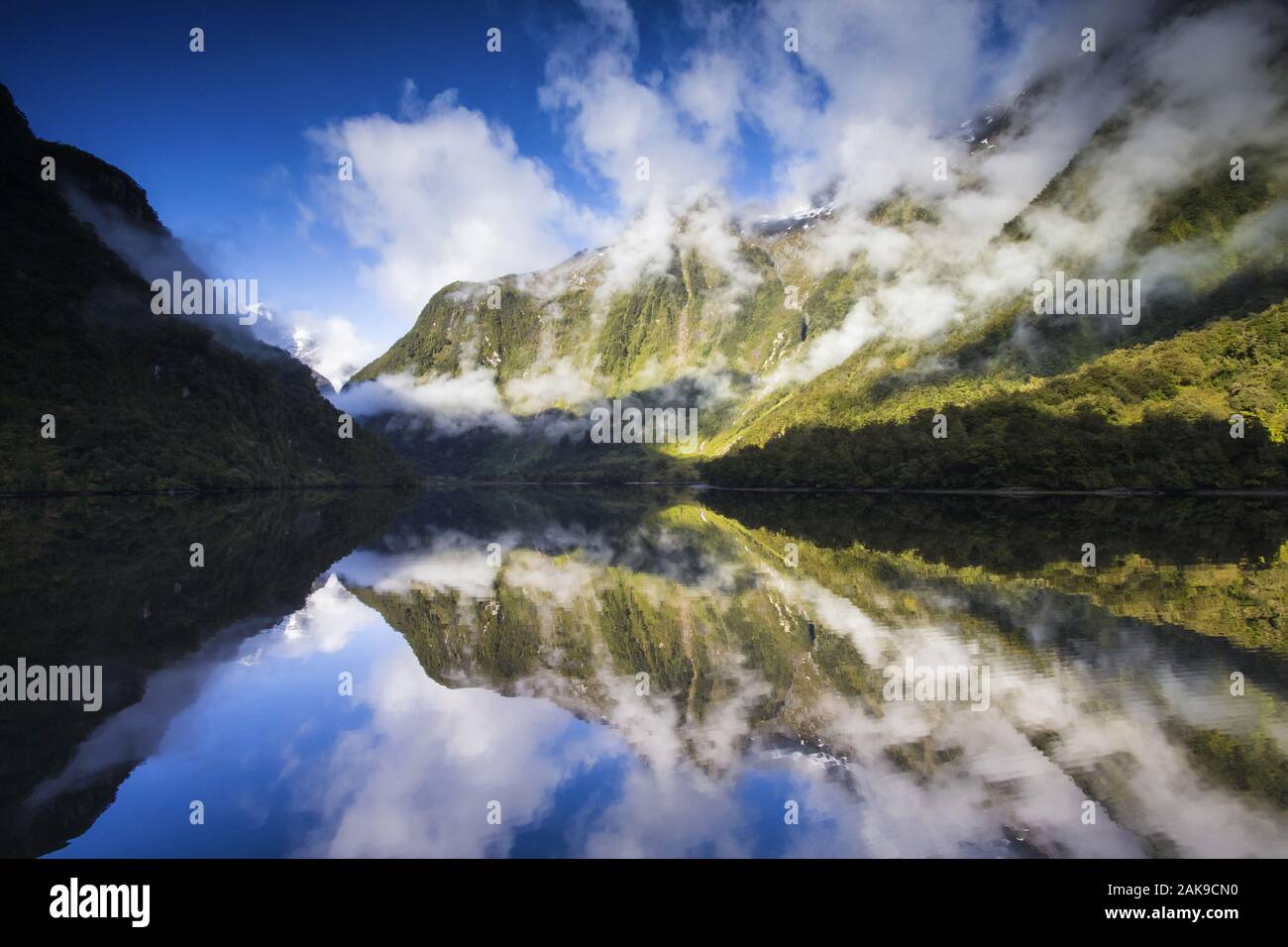 Neuseeland, Südinsel: Reflexionen im Wasser des leisen Ton, kleine Fjord arm in die Neuseeland Fiordland National Park Stockfoto