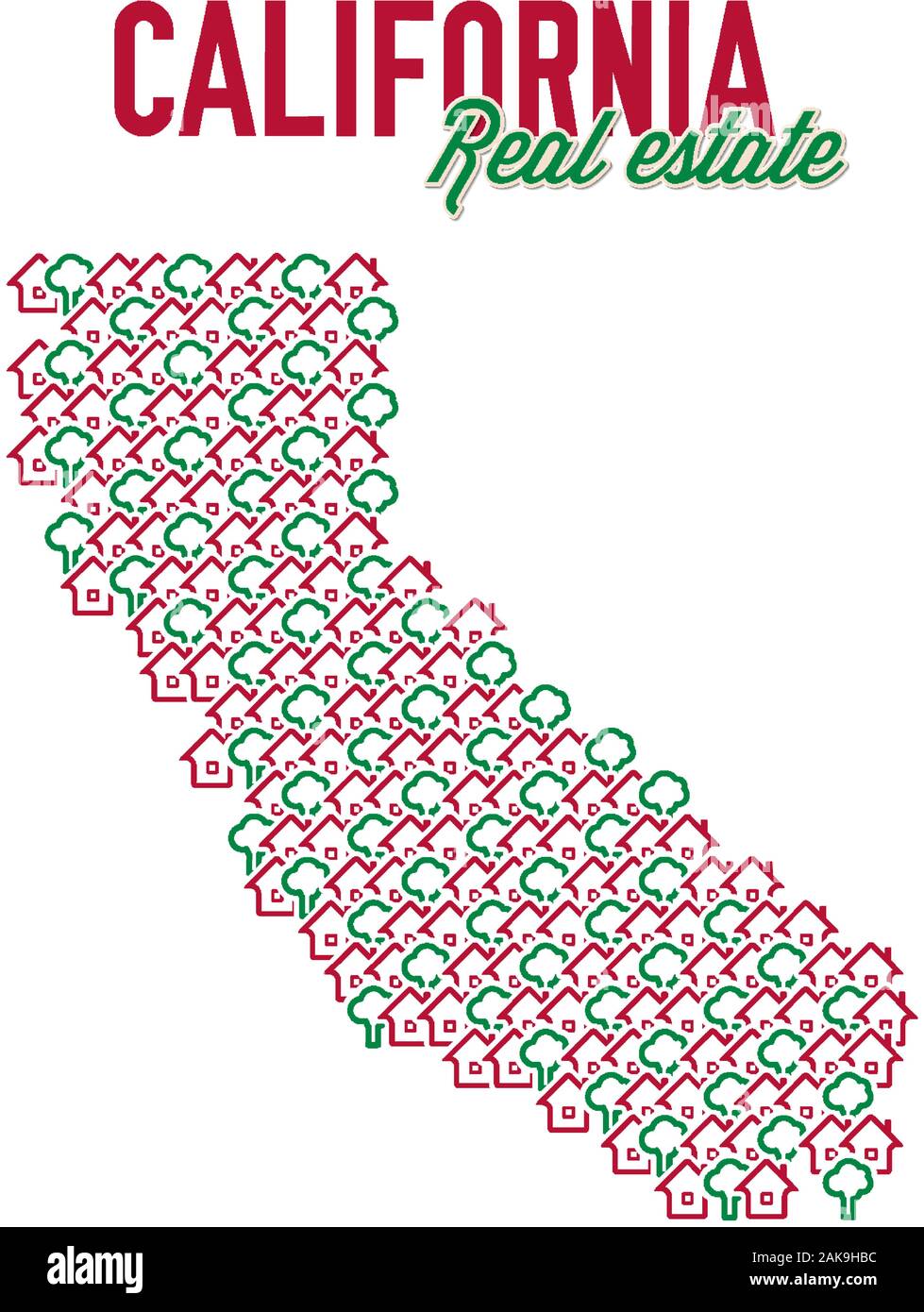 Kalifornien Immobilien Karte. Text Design. Kalifornien US-Immo kreatives Konzept. Ikonen der Häuser mit Gärten in der Form einer Karte von Stock Vektor