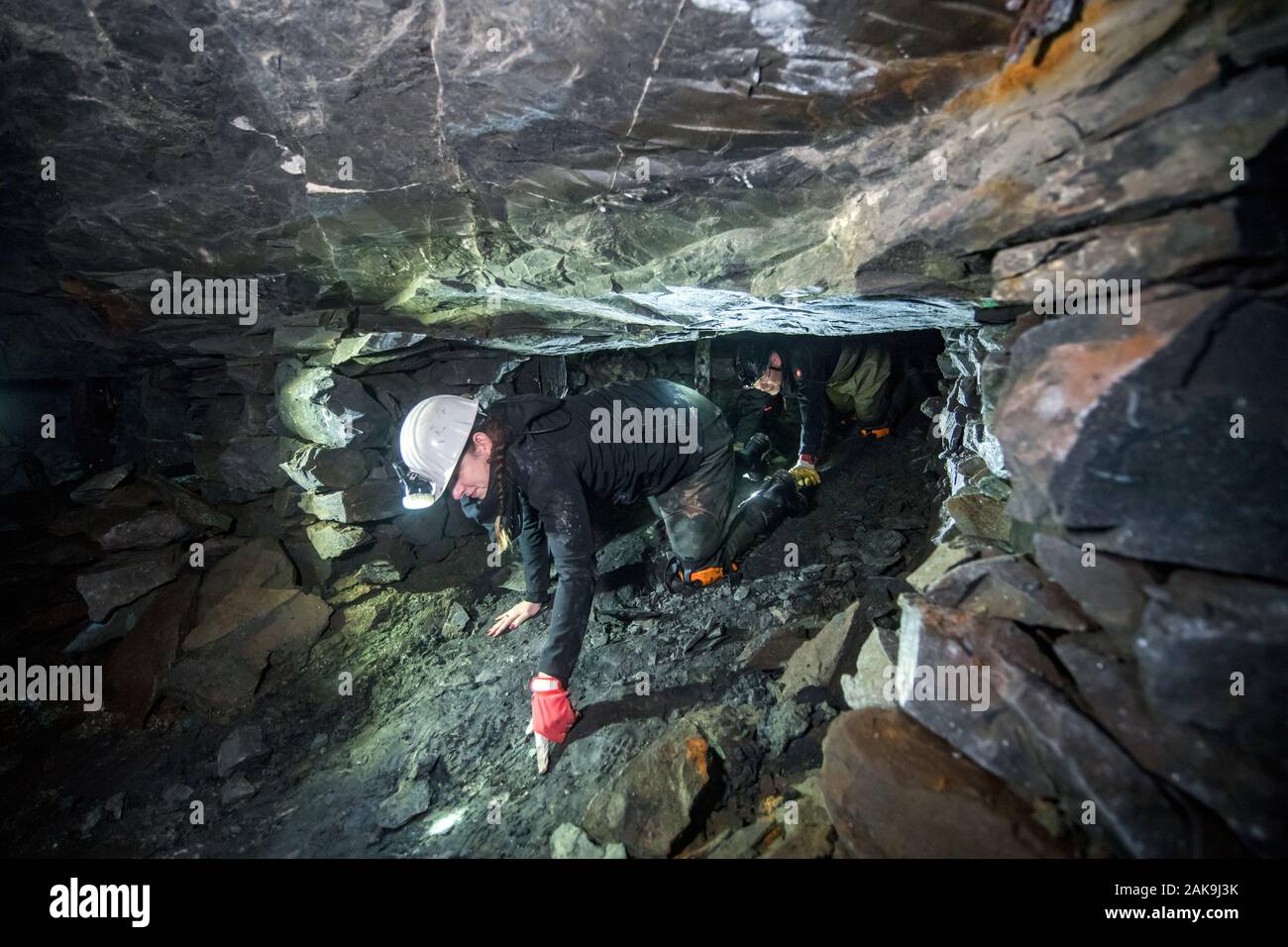 28 November 2019, Sachsen-Anhalt, Sangerhausen: Teilnehmer einer Exkursion durch die wettelrode Leitung-stiel bewegen Sie sich durch die alte Mine auf den Knien. Seit etwa 20 Jahren das Museum 'ErlebnisZentrum Bergbau Röhrigschacht Wettelrode' bietet hat längere Ausflüge im Untergrund in einer Tiefe von etwa 300 m. Vor kurzem wurde eine neue Tour gestartet wurde, in denen ein Teil der Strecke durch die Kanus abgedeckt ist. Die ersten Bergleute graben begann für Kupfererz in der Mansfelder Land etwa vor 800 Jahren. Ab dem Jahr 1750 ff., intensive Bergbau wurde durchgeführt. Insgesamt wurden rund 2,6 Mio. Tonnen c Stockfoto