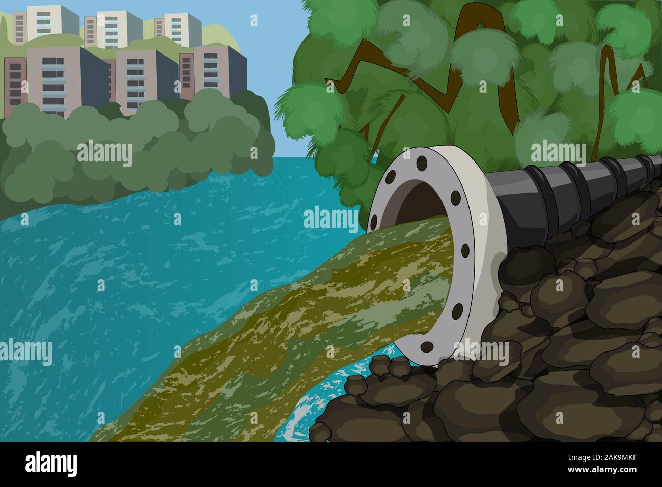 Abwasser. Ablassrohr mit schmutzigen Abfälle in der Stadt. Schmutziges Wasser aus der Leitung Verschmutzung des Flusses Entlastung von flüssigen chemischen Abfallstoffen. Vektor Stock Vektor