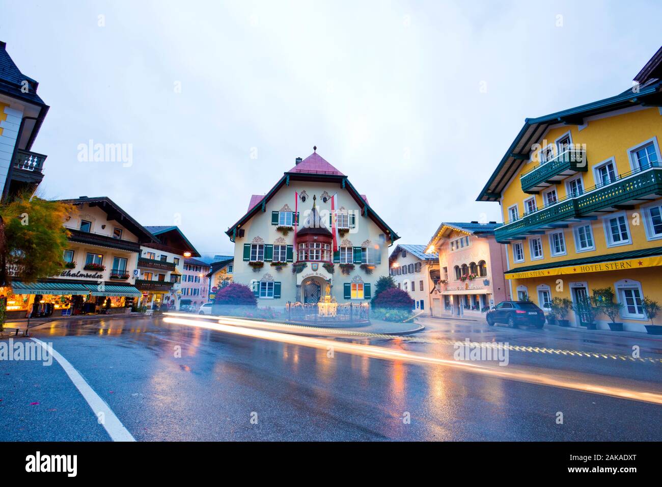 Das Rathaus in St. Gilgen, die Stadt ist ein Dorf, das von den Wolfgangsee im österreichischen Bundesland Salzburg, im Salzkammergut Region. Stockfoto