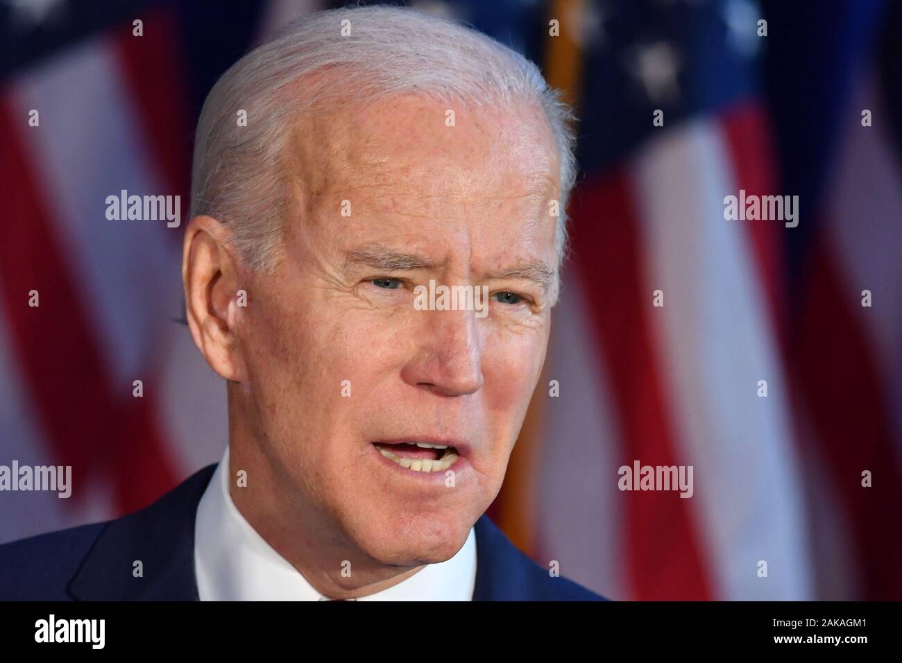 Demokratische Präsidentschaftskandidat, der ehemalige Vizepräsident Joe Biden liefert Erläuterungen zu den jüngsten Aktionen der Trumpf Verwaltung im Irak am 7. Januar 2007 Stockfoto