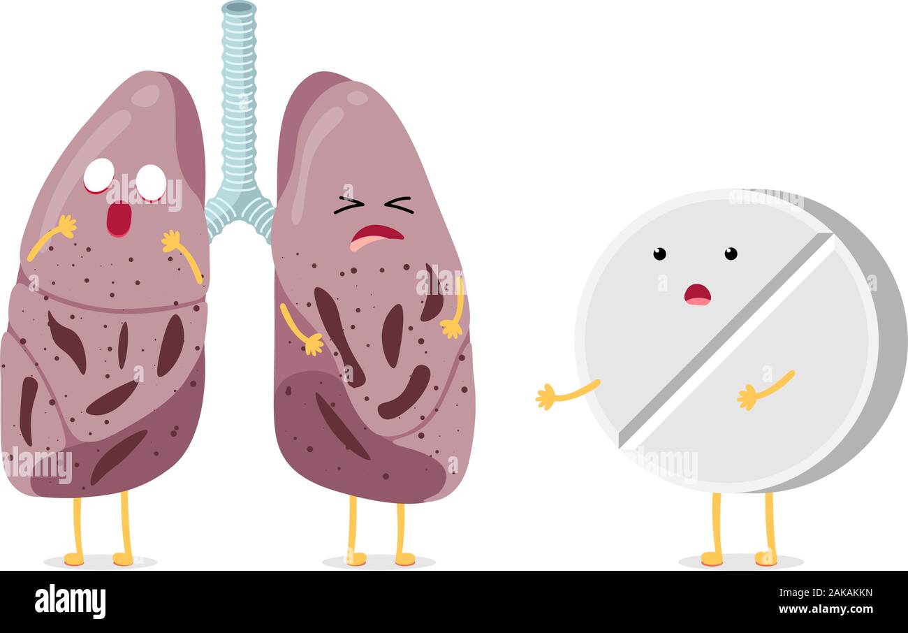 Krank ungesunde Cartoon Lunge Charakter Tuberkulose-Virus-Krankheit mit Antibiotika-Medikament Apotheke Tablette. Die Pneumonie der inneren Organe des menschlichen Atmungssystems schlug eine Vektorillusrtation vor Stock Vektor