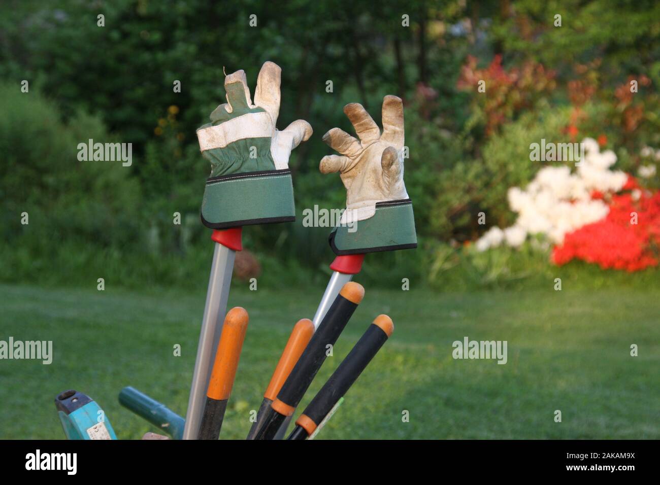 Gartenhandschuhe für Werkzeuge in der Abendsonne, atmosphärisch dicht, Konzept garten Helfer gerne mal in den Garten Hobbygärtner, nach der Arbeit Stockfoto
