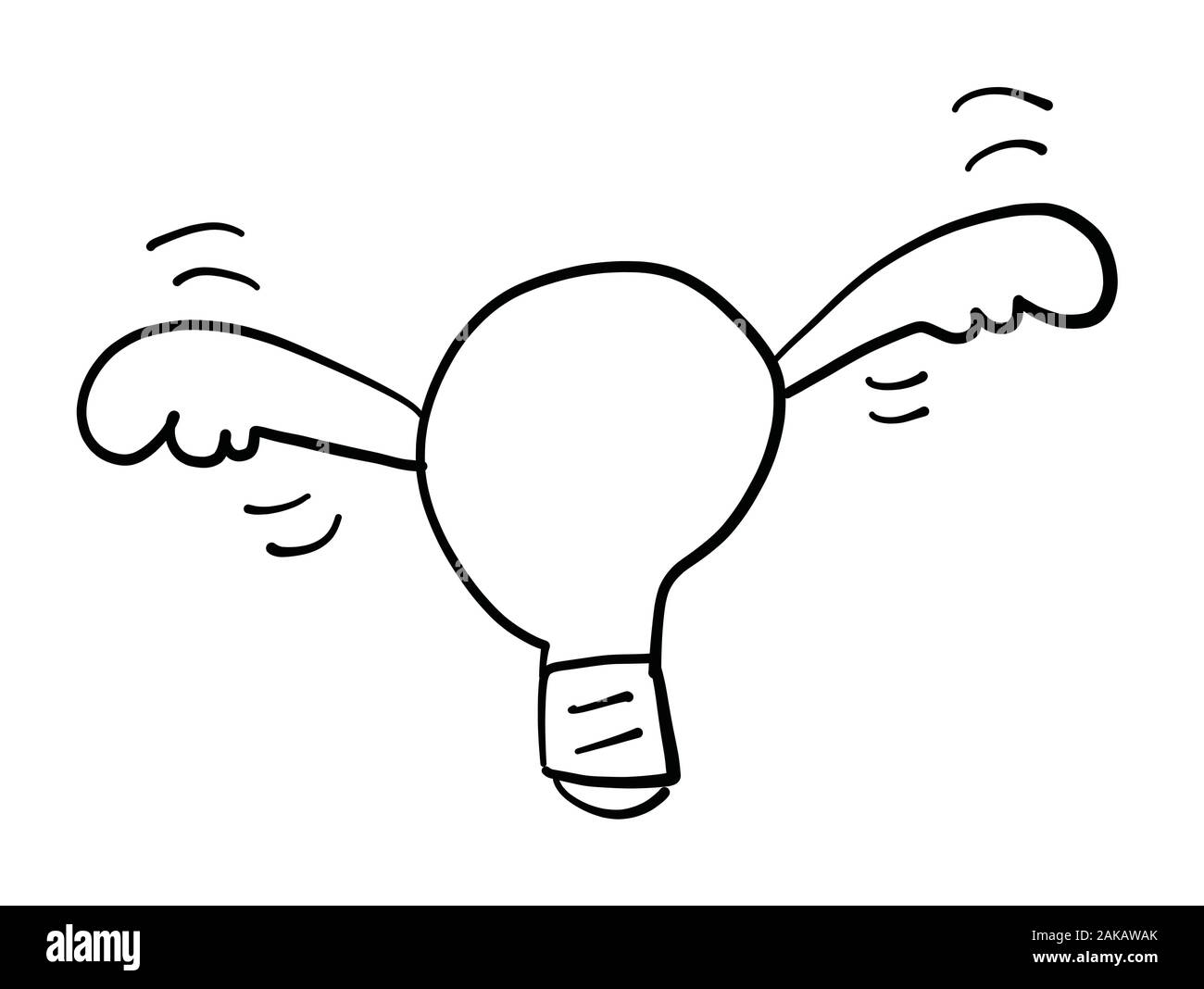 Hand vektor Skizze Abbildung: Flying winged Glühbirne Idee gezeichnet. Weißer Hintergrund, schwarze Konturen. Stock Vektor