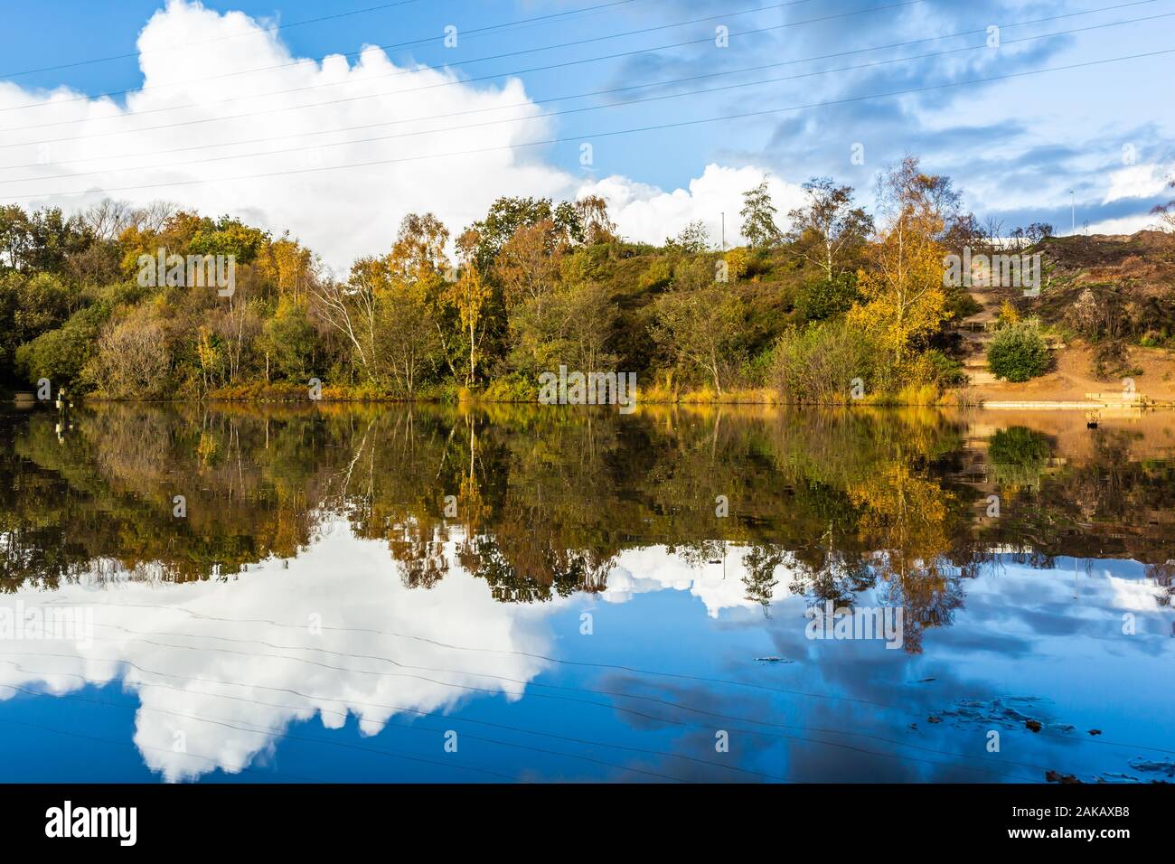 Farbfoto in der Landschaft mit Blick auf den Stillteich mit Baumgrenze im Wasser, aufgenommen auf dem Alder Hills Naturreservat, Poole, Dorset Stockfoto