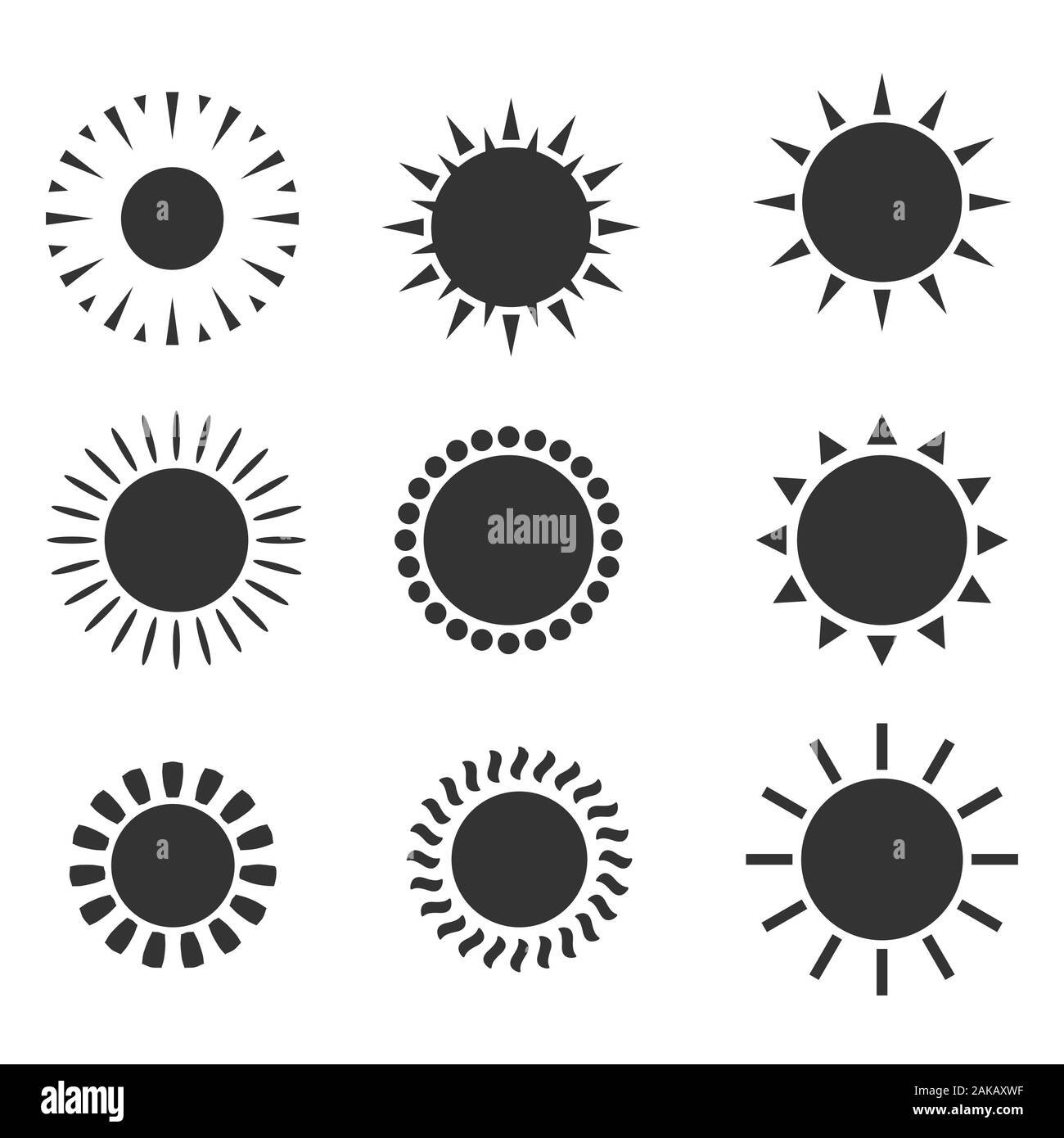 Sun Symbole gesetzt. Flache leuchtende Symbole Sammlung. Tageslicht logos Stock Vektor