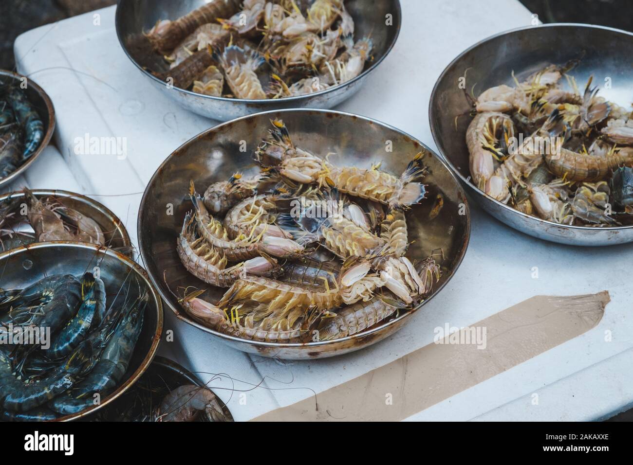 Garnelen und Muscheln auf dem Fischmarkt closeup Stockfoto