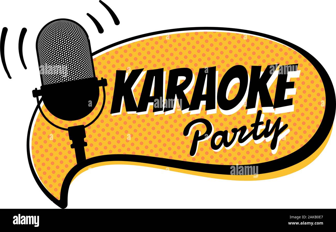 Karaoke-Nacht-Party-Skript mit mike auf gelben Comic-Streifen Rede Blase Emblem. Bühne Retro vintage Mikrofon Vektor Illustration Unterhaltung Symbol Vorlage Stock Vektor