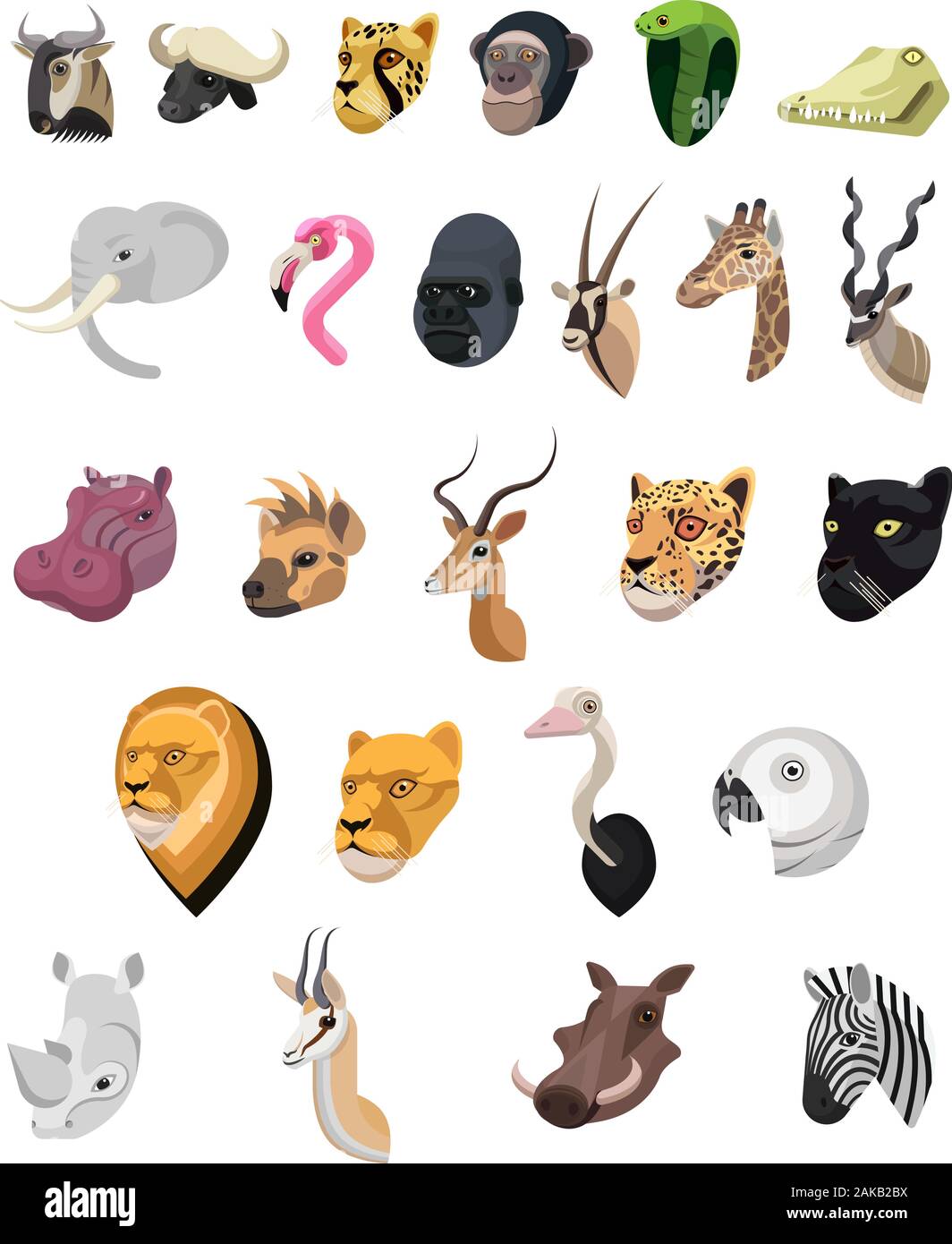 Afrikanische Tiere Porträt in einzigartig einfachen Cartoon Stil. Köpfe von Leoparden, Antilopen, Flamingo, Elefant, Schimpanse. Isolierte künstlerische styliz Stock Vektor