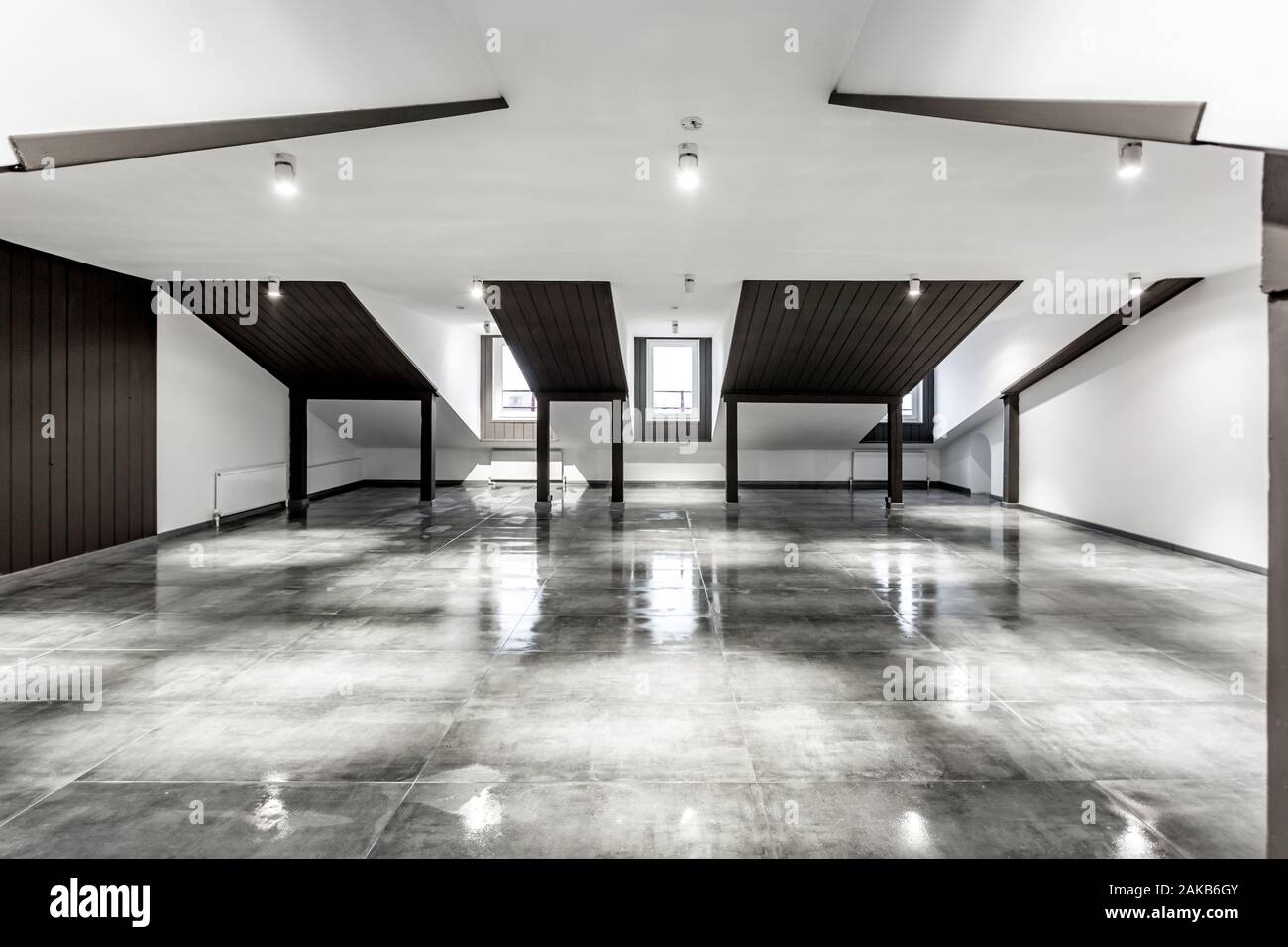Leere unmöblierte loft Mansardenzimmer Innenraum mit Holz spalten und nassen Betonboden auf dem Dach in Schwarz und whote Stil Farbe Stockfoto