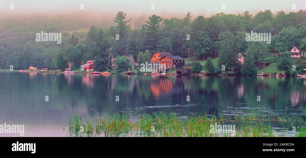 Häuser und Wald am Seeufer in der Stadt, Peacham, Vermont, USA Stockfoto