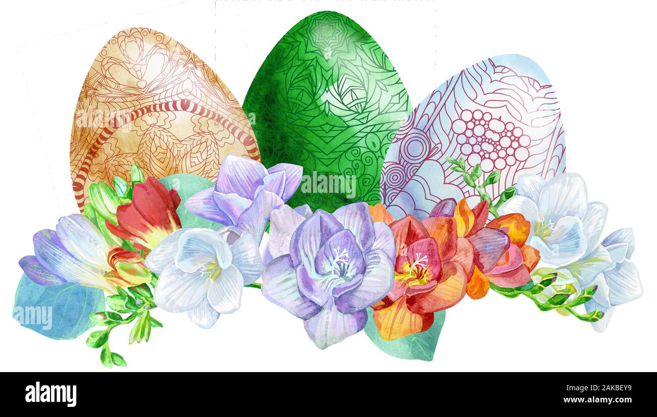 Aquarell Ostern bunte Eier mit Freesie und Gras. Stockfoto